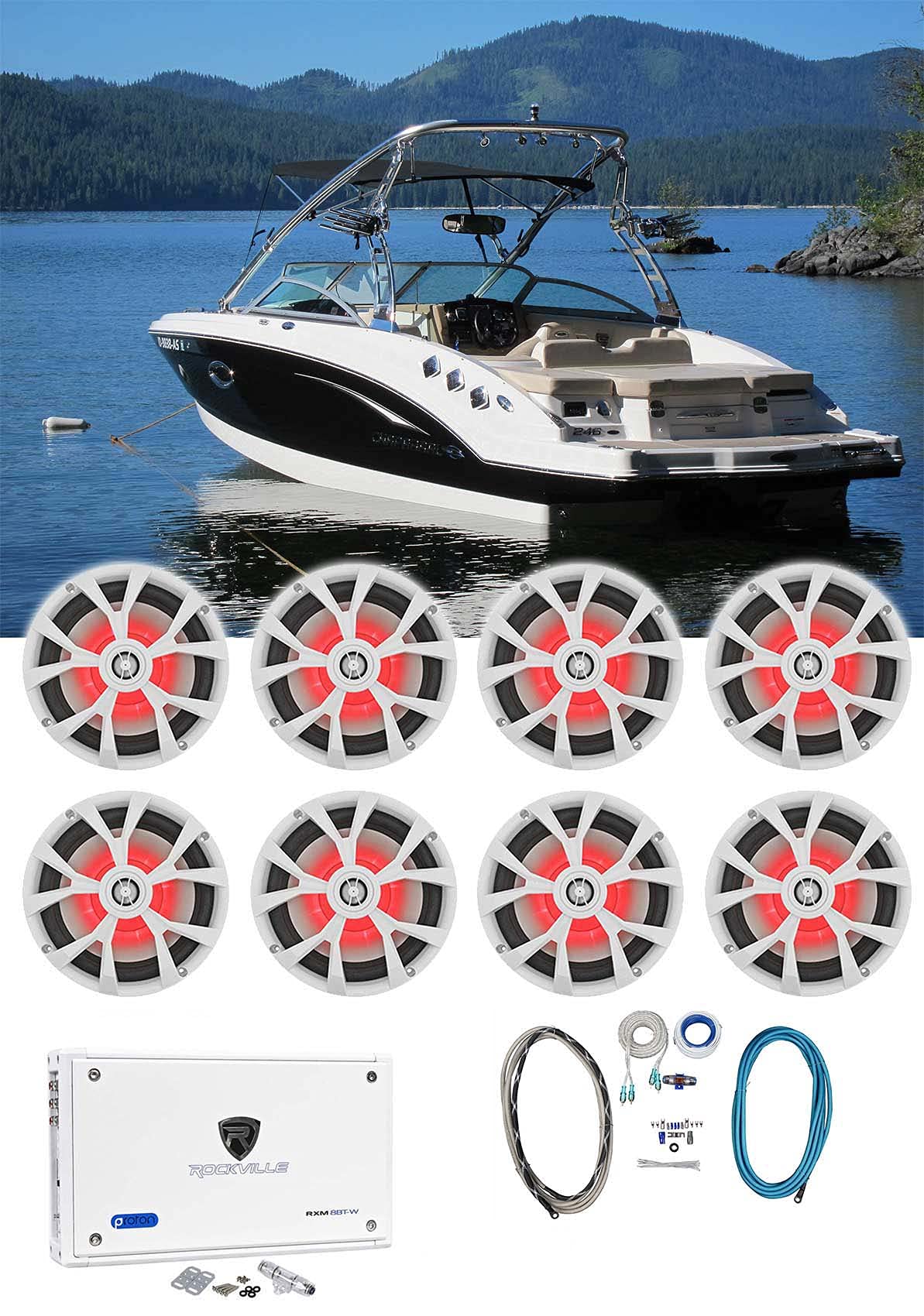 Rockville RKL80MW Bundle: (4) Pair of 8 900W Marine Boat LED Speakers, RXM8BTW 8-Channel 1500W Class D Bluetooth Amplifier, RMWK
