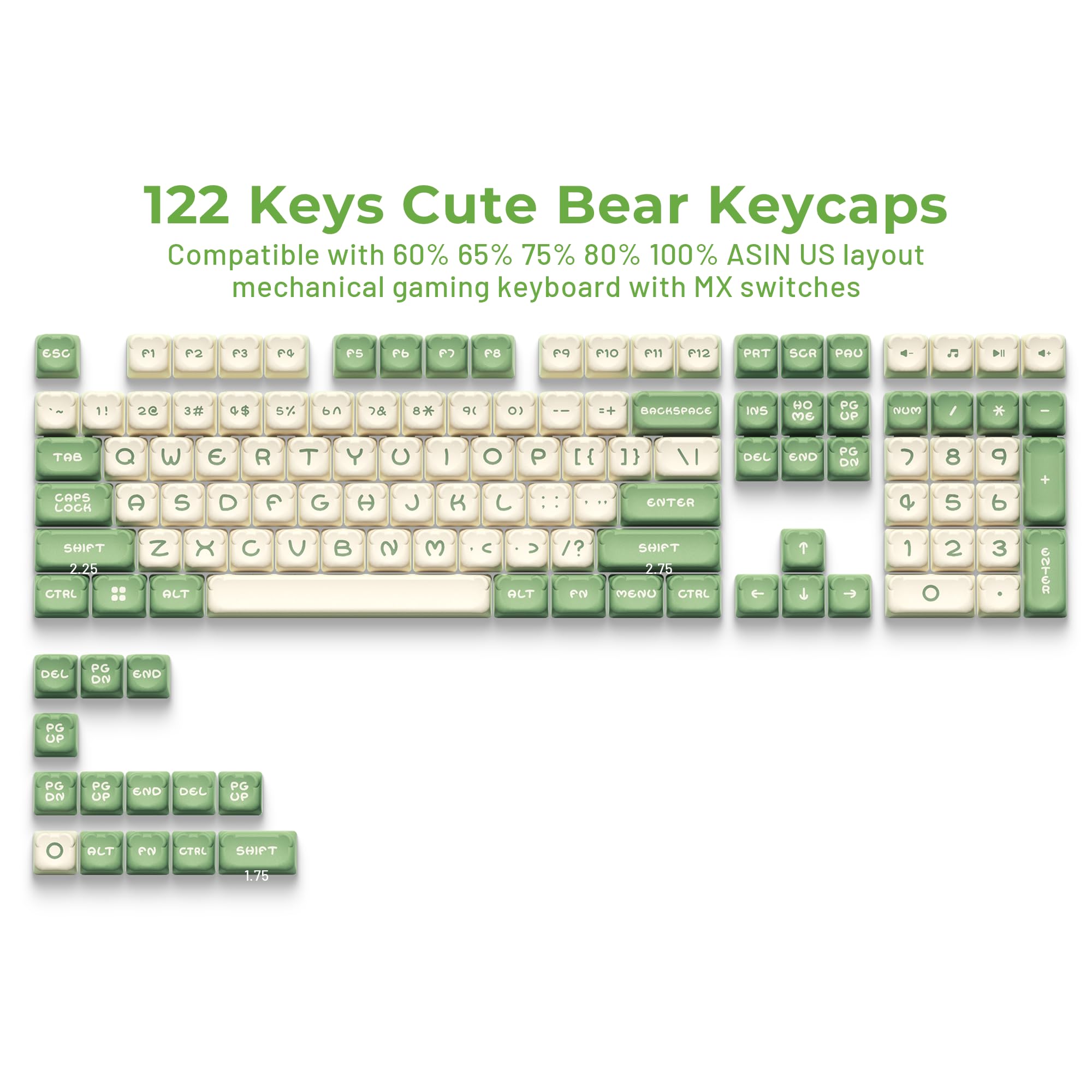 GMKWTL Cute Bear Keycaps Set - Matcha Green & Creamy, MDA Profile, Double Shot PBT for Cherry/Gateron MX Switches