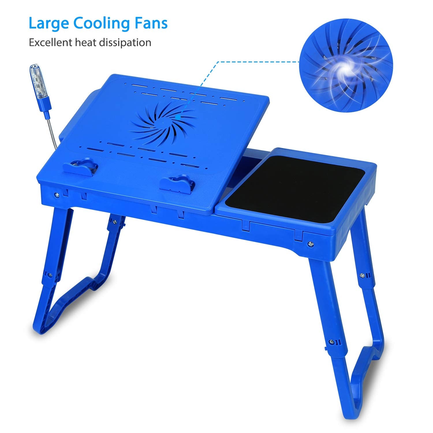 Teqhome Laptop Table For Bed, Adjustable Laptop Bed Desk With Fan, 4 Usb Ports, Portable Lap Desk With Foldable Legs, Laptop Stand For Couch Sofa Bed Tray With Led Light, Storage, Mouse Pad   Blue