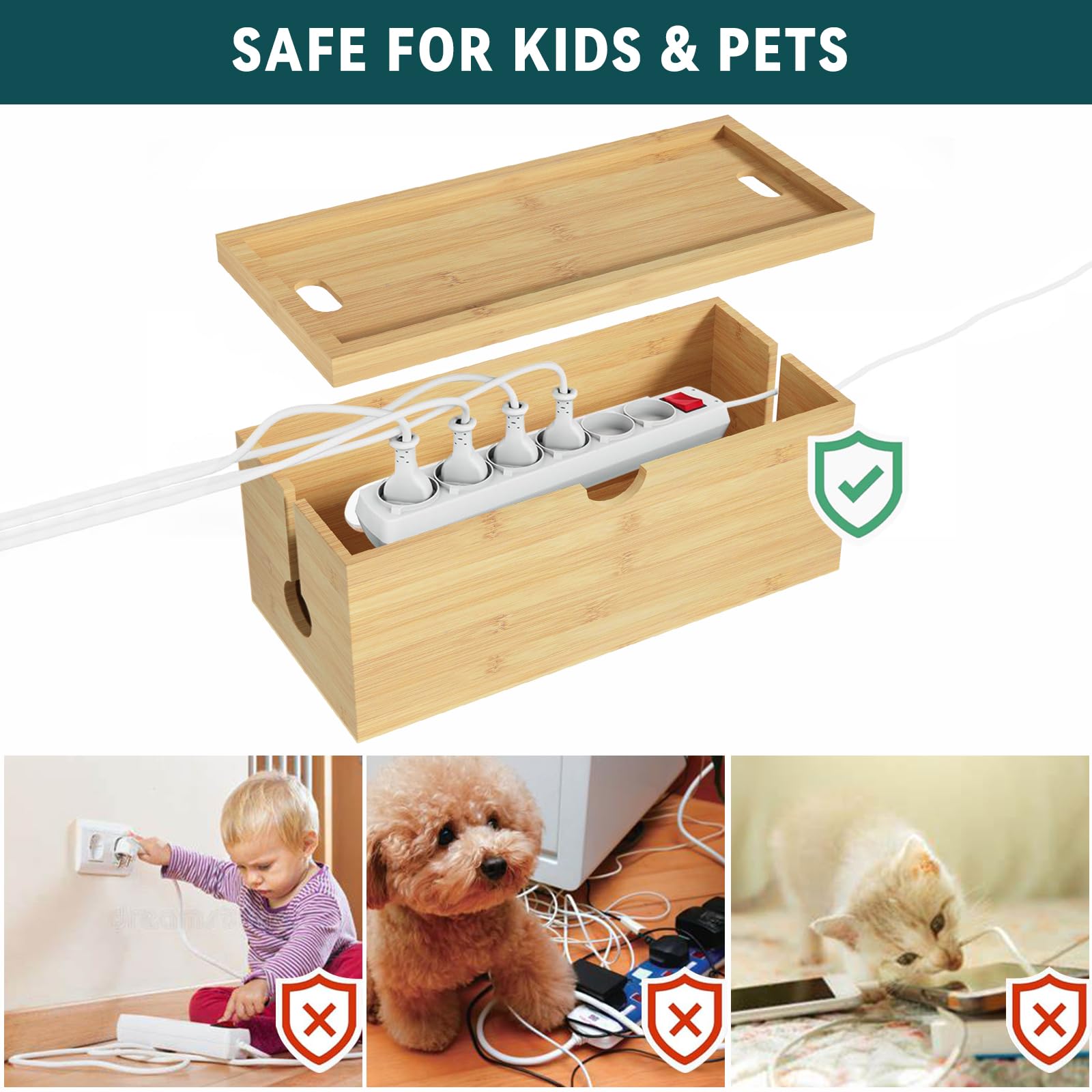 Bamboo Cable Management Box, Medium Cord Organizer Box Cable Box To Hide Wires & Power Strips For Desktop Storage Cord Holder Fo