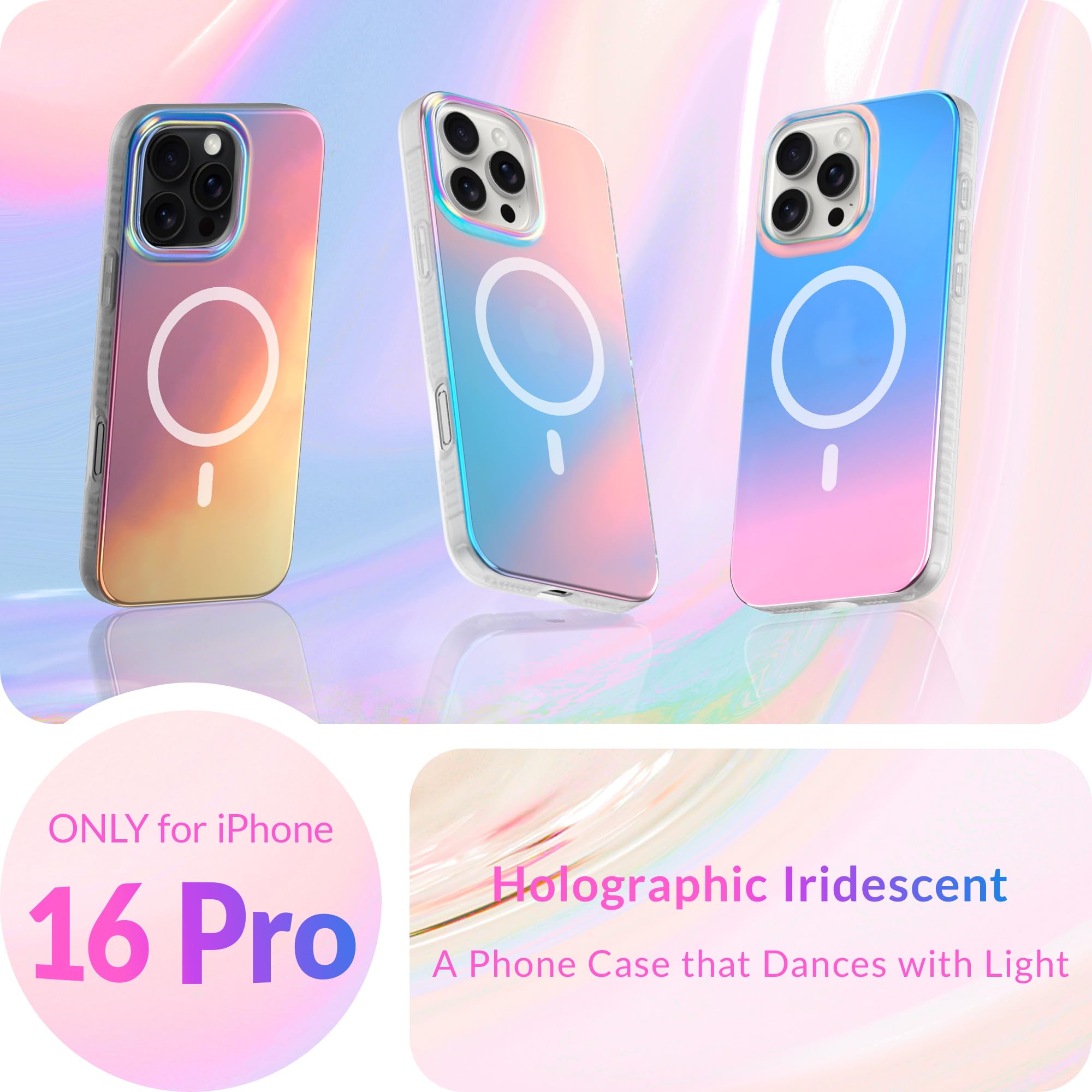 Lonli Hue   Iphone 16 Pro Magnetic Case [Compatible With Magsafe]   Holographic Iridescent Phone Case   [360 Shock Absorbent Bum