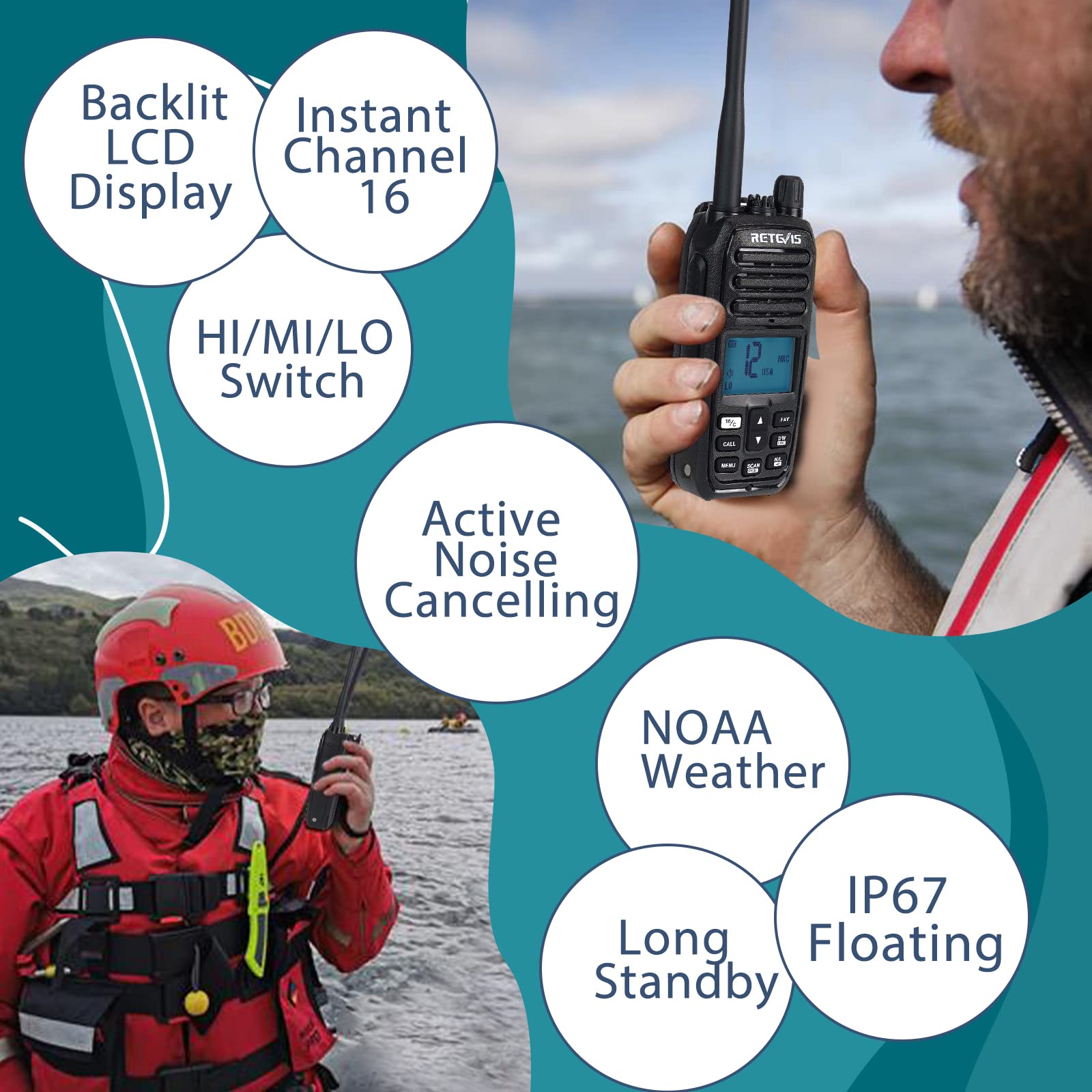 Retevis Rm21 Handheld Marine Radio,Radio Marine Floating Ip67 Submersible,Noise Cancelling,1800Mah,Backlit Lcd Display,Noaa Weather,Clear Audio,Boat Radio For Fishing Marine Construction