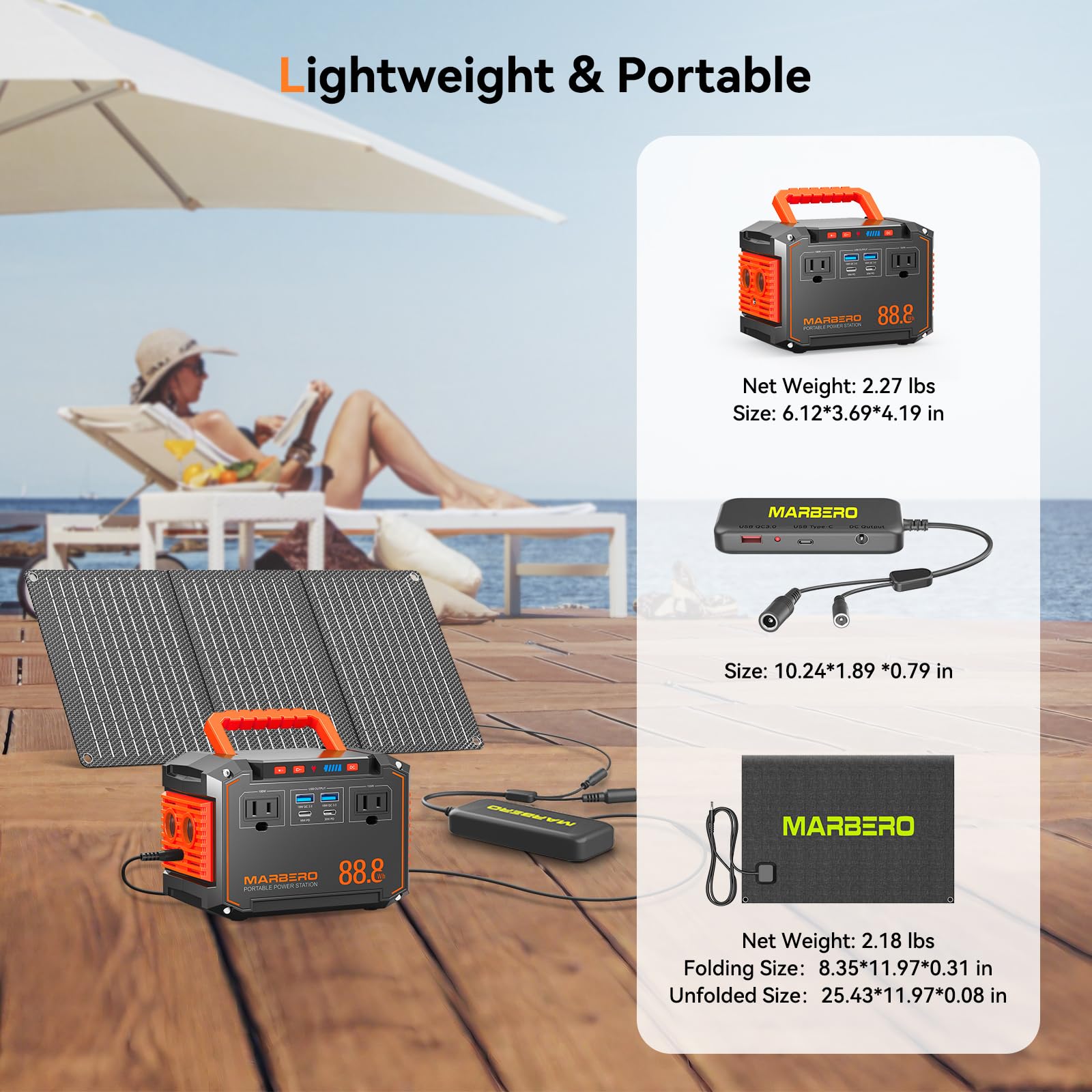 Marbero 88.8Wh Portable Power Station With 30W Solar Panel 150W Peak Camping Solar Generator Power Bank With Ac Outlet(2*Ac,2*Us