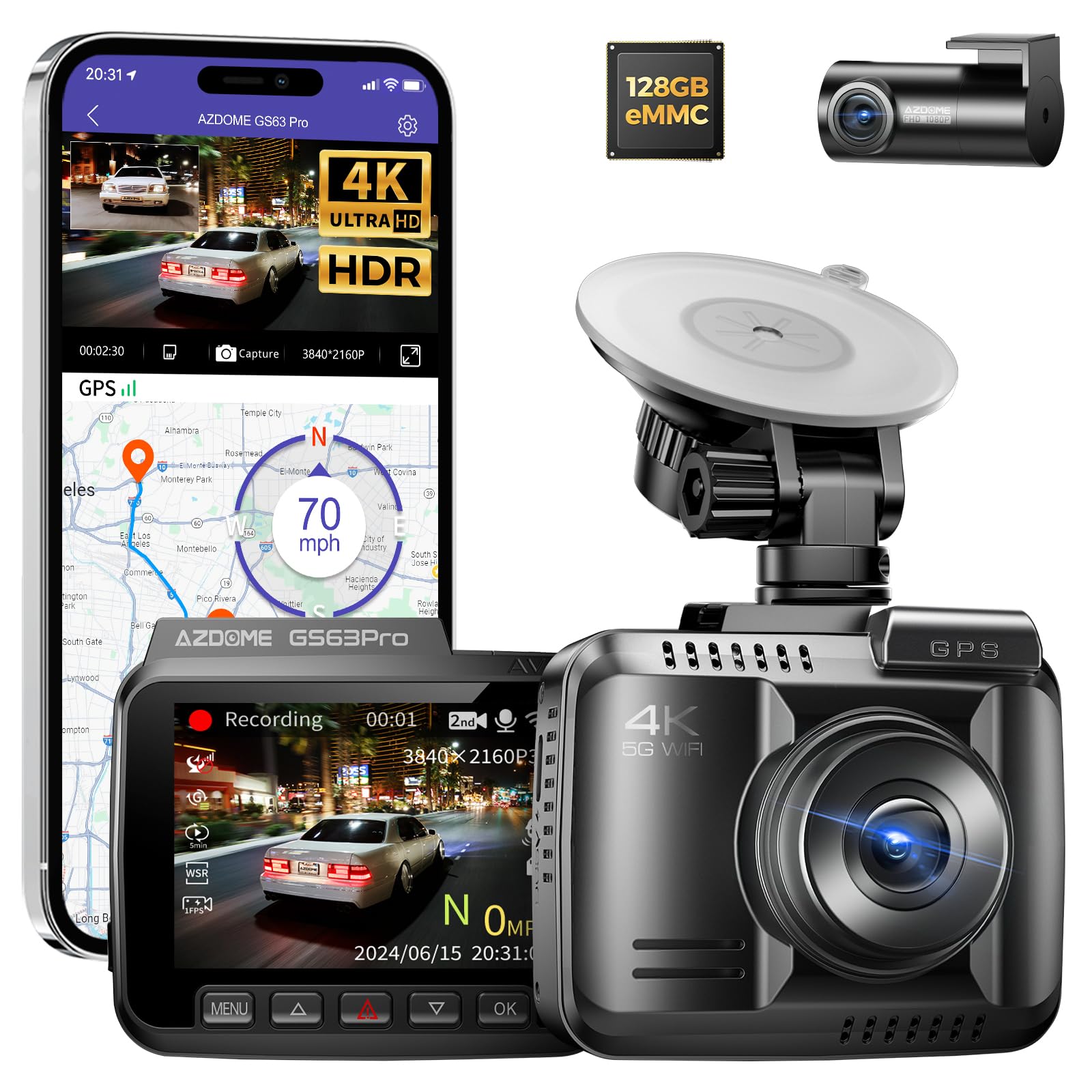Azdome 4K Hdr Dash Cam Front And Rear, 128Gb Emmc, 4 Megapixel Image Sensor, Adas, Smart Dash Camera With 5Ghz Wifi Gps 24H Park