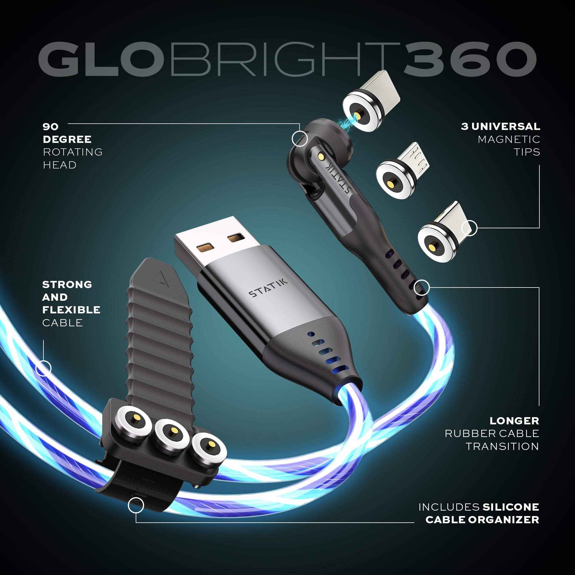 Statik Globright 360 Magnetic Charging Cable, Light Up Charging Cable, Magnetic Usb C Charging Cable, Led Charging Cable, Magnet