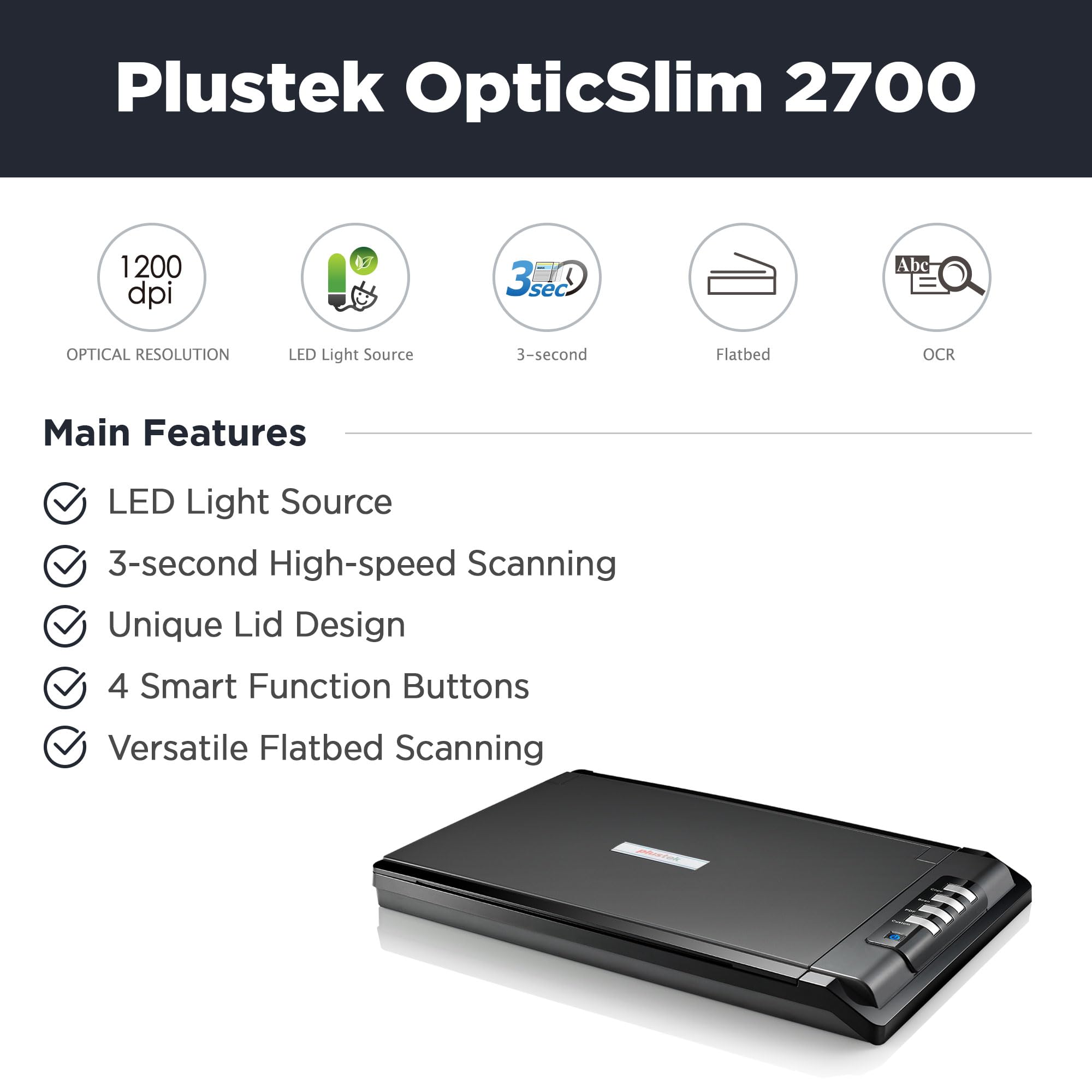 Plustek Opticslim 2700   High Speed Flatbed Scanner, 3Sec Fast Scan Speeds. Compact Design For Home And Home Office. Windows And Mac Support