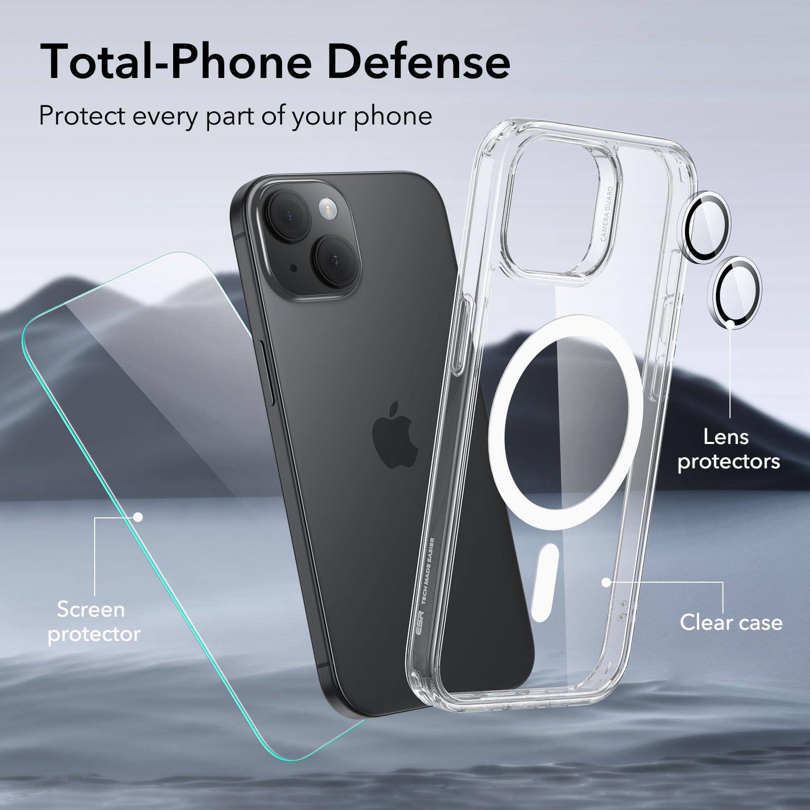 Esr For Iphone 15 Case Set, 1 Tempered-Glass Screen Protector, 1 Set Of Lens Protectors, Military-Grade Protection, Yellowing An