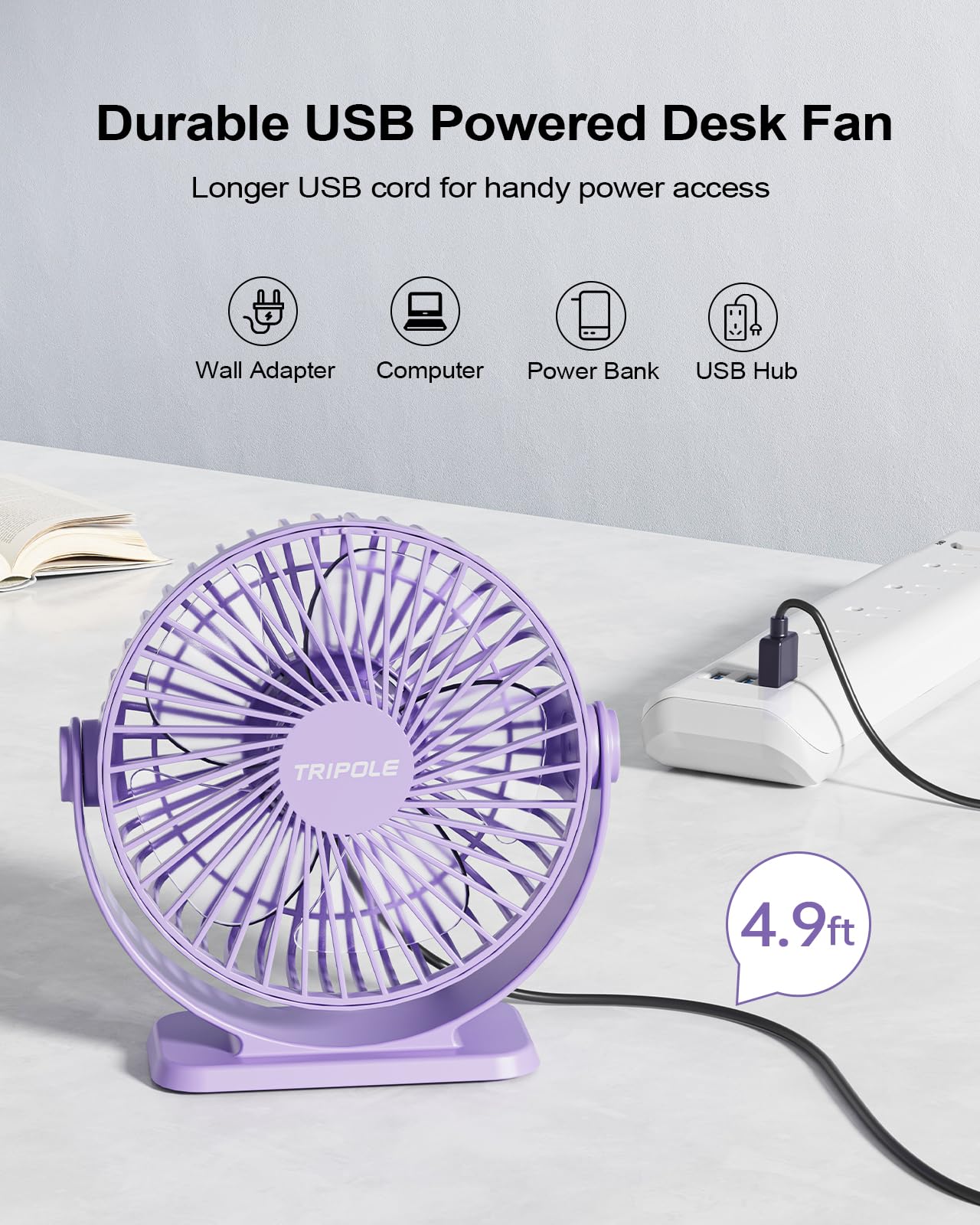 Tripole Desk Fan Usb Powered Mini Portable Fan 3 Speeds Strong Airflow Small Usb Fan 360Rotation Personal Travel Fan 5.1 Inch Ta