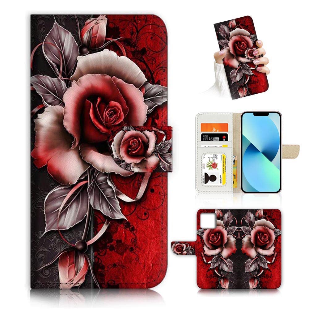 Ajourtek For Iphone 13 Art Designed Flip Wallet Style Cover Case Fancy Flower Full Body Protection Ad003 (#24878 Red Gothic Rose