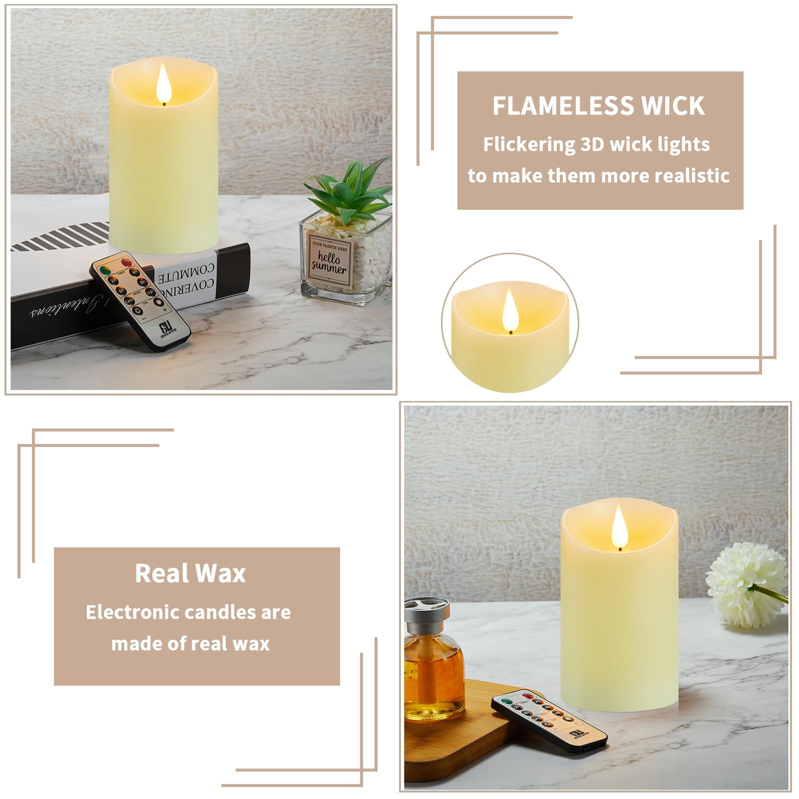 Guluto Flickering Flameless Candles With Rechargeable Battery, Electronic Candles With Remote And Timer, Led Pillar Candles Real