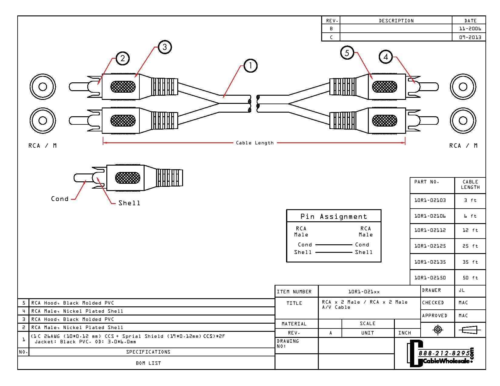 Cablewholesale Rca Stereo Audio Cable, 2 Rca Male To Male Audio/Video Cable, 2 Channel (Left And Right) 26Awg, 50 Feet, Black