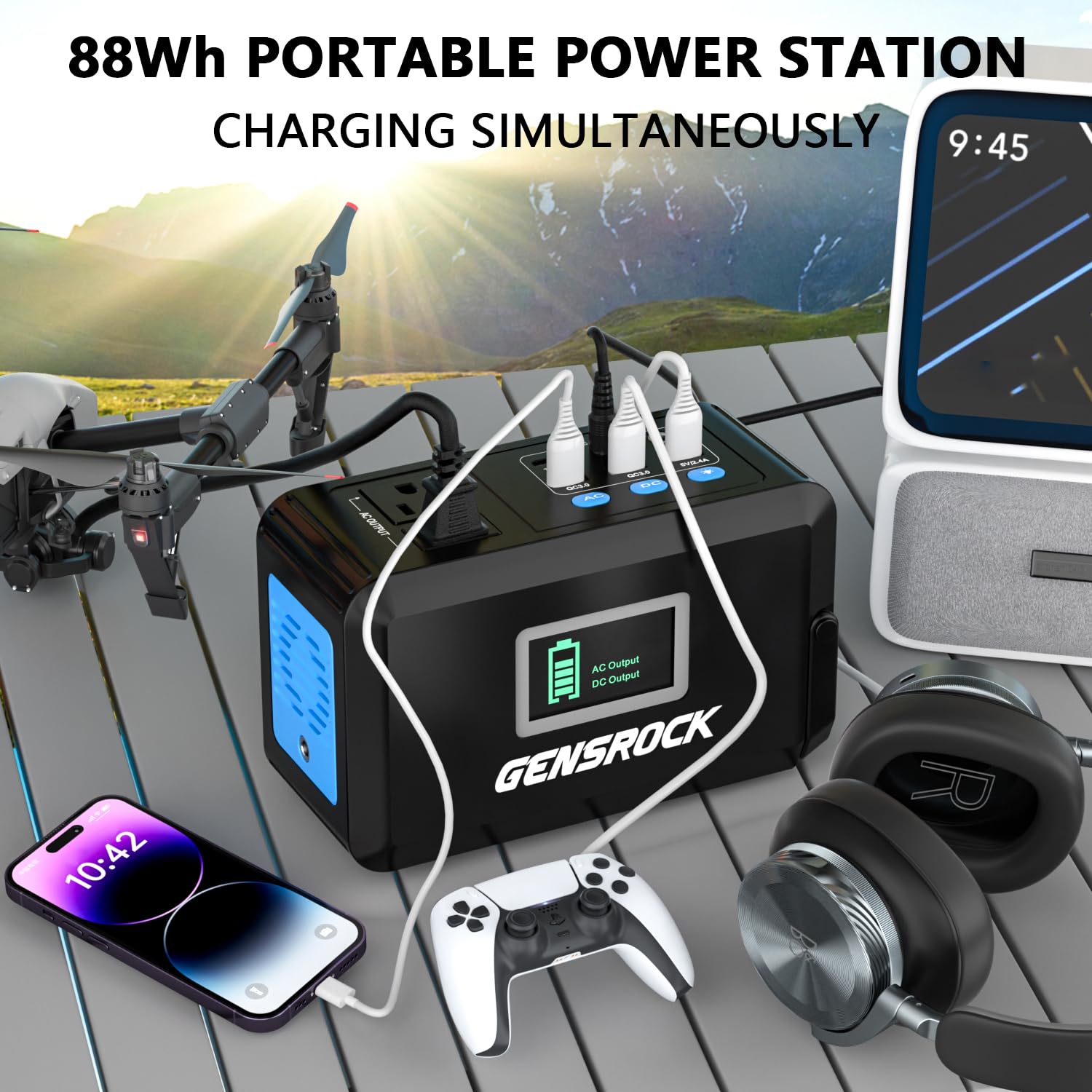 Gensrock Portable Power Station, 88Wh Camping Solar Generator, Lithium Battery Power Bank With 2 110V/150W Peak Ac Outlet, Qc 3.