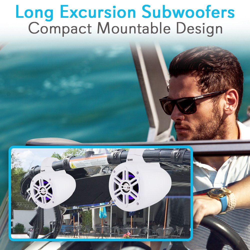 Pyle Waterproof Marine Wakeboard Tower Speakers - 4In Dual Subwoofer Speaker Set W/Led Lights & Bluetooth For Wireless Music Str