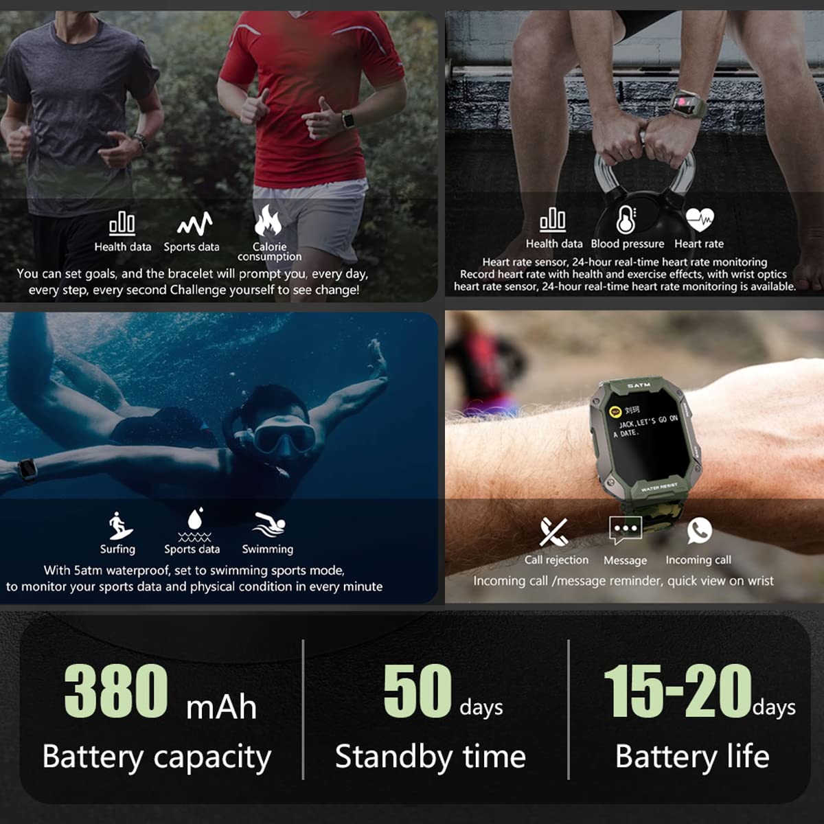 Pasnew Smart Watches For Men,Ip68 Waterproof Military Grade Bluetooth Call,Sports,Pedometer,Health Watch For Iphone Phones And A