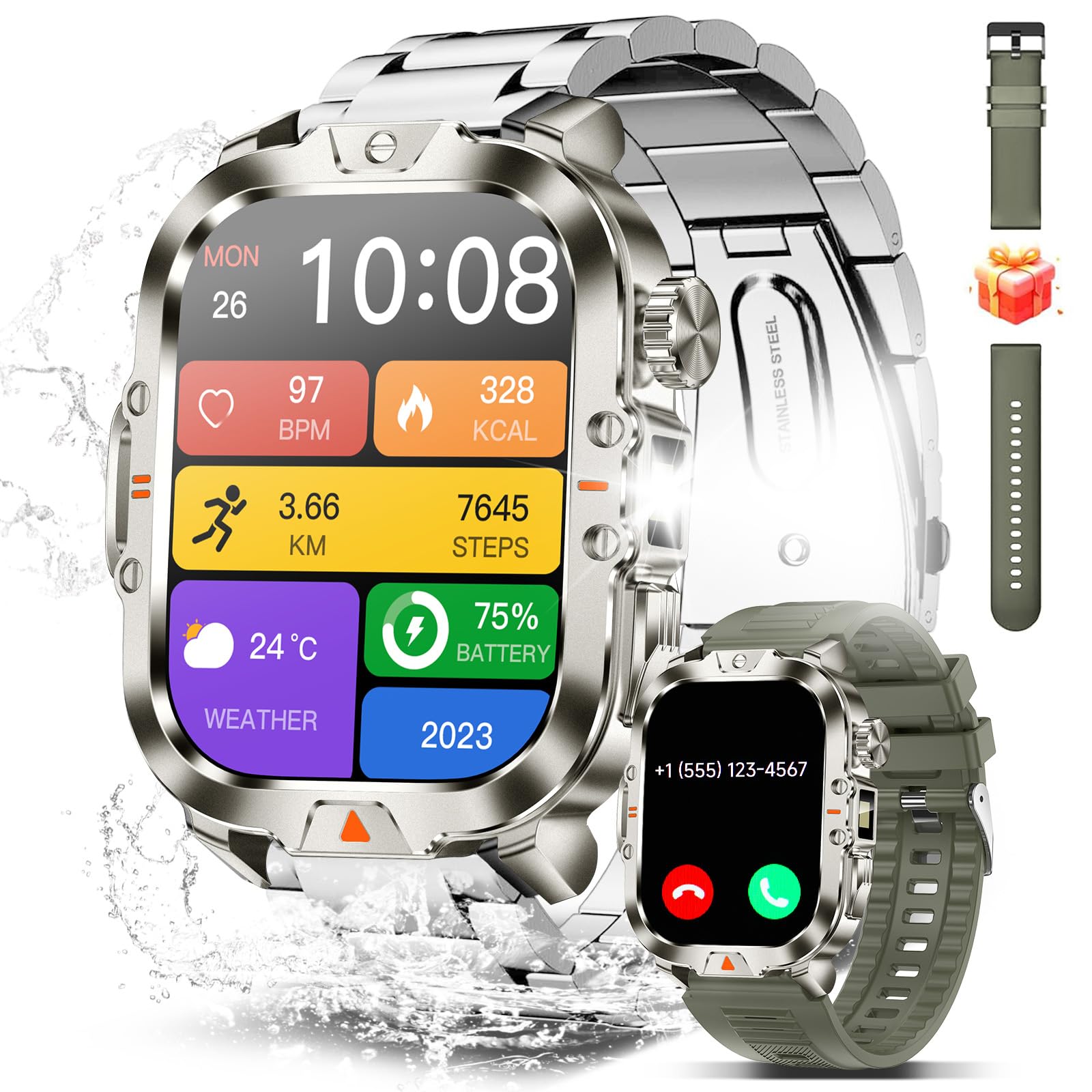 BRUBOSES Smart Watch for Men Military Answer/Make Call 2.01  Display 170+ Sports Modes Fitness Smart Watch IP68 Waterproof 30 Da