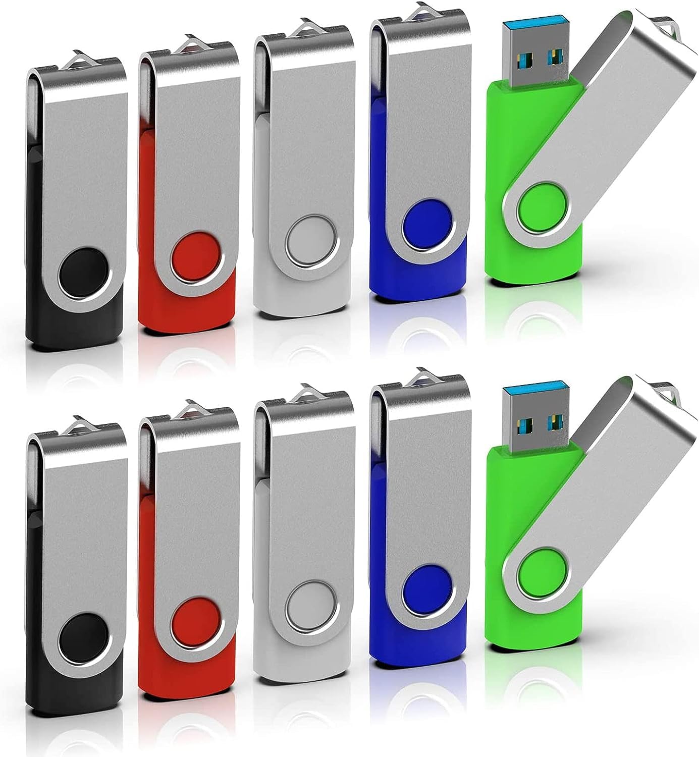Topesel 10 Pack 64Gb Usb 2.0 Flash Drive Memory Stick Thumb Drives (5 Mixed Colors: Black Blue Green Red Silver)
