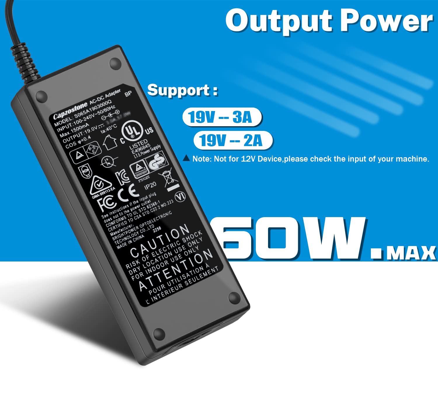 19V Laptop Charger For Gateway Gwtn156 1Bk Gwtn156 1Bl Gwtn156 4Bl Gwtn156 5Bk Gwtn156 7Bl Gwtn156 7Bk Gwtn141 4Bl Gwtn141 4Gr G