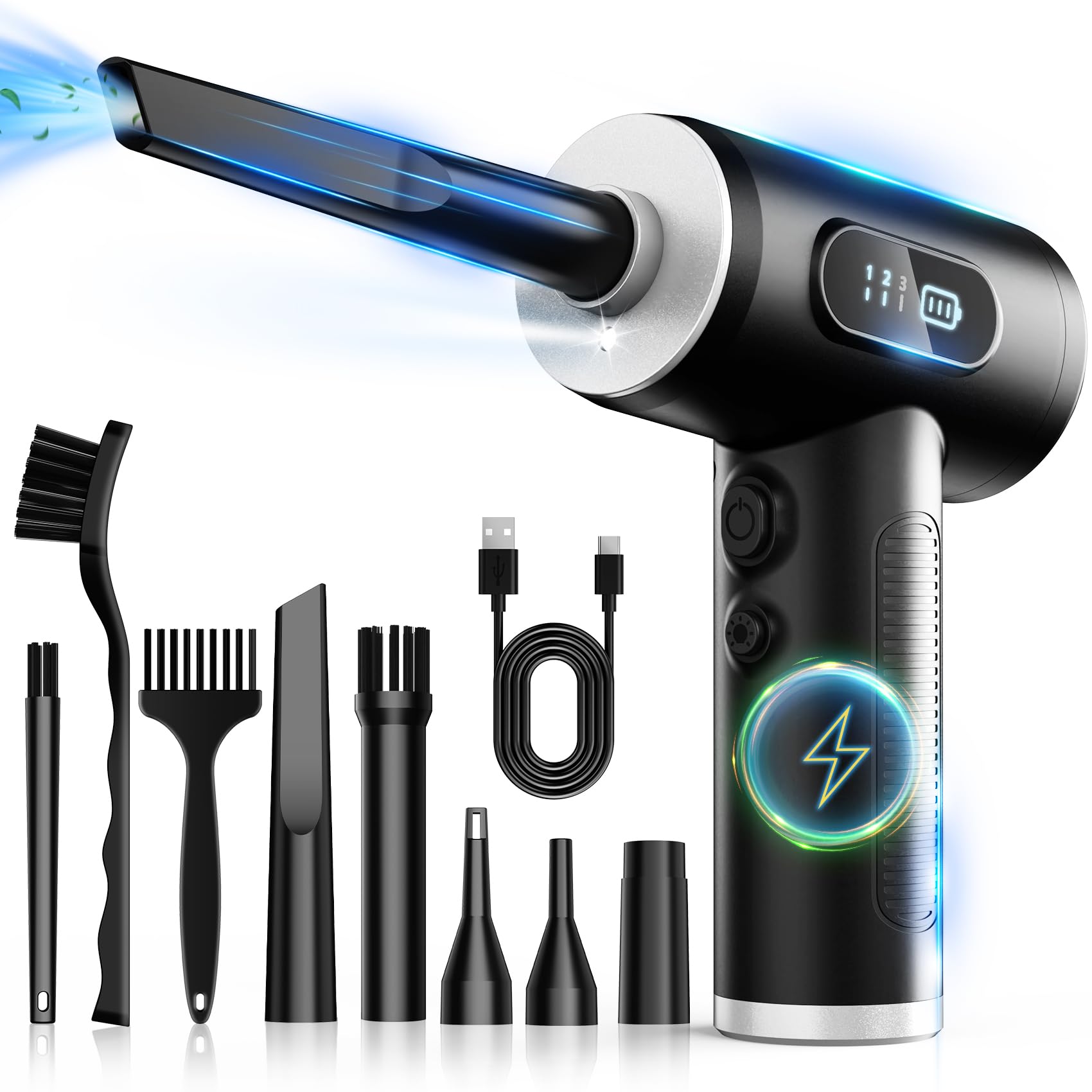 Compressed Air Duster-3 Gear Adjustable 100000RPM Electric Air Duster with LED Light, Rechargeable Cordless Air Blower for Keybo