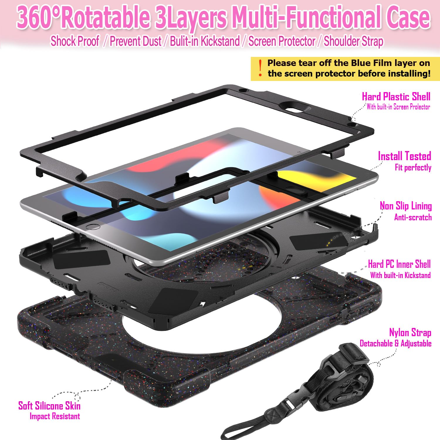 Lx Suncx For Ipad 10.2 Case 9Th Generation 2021 / 8Th Gen 2020 /7Th 2019,Shockproof Kids Case With Screen Protector,Rotating Sta