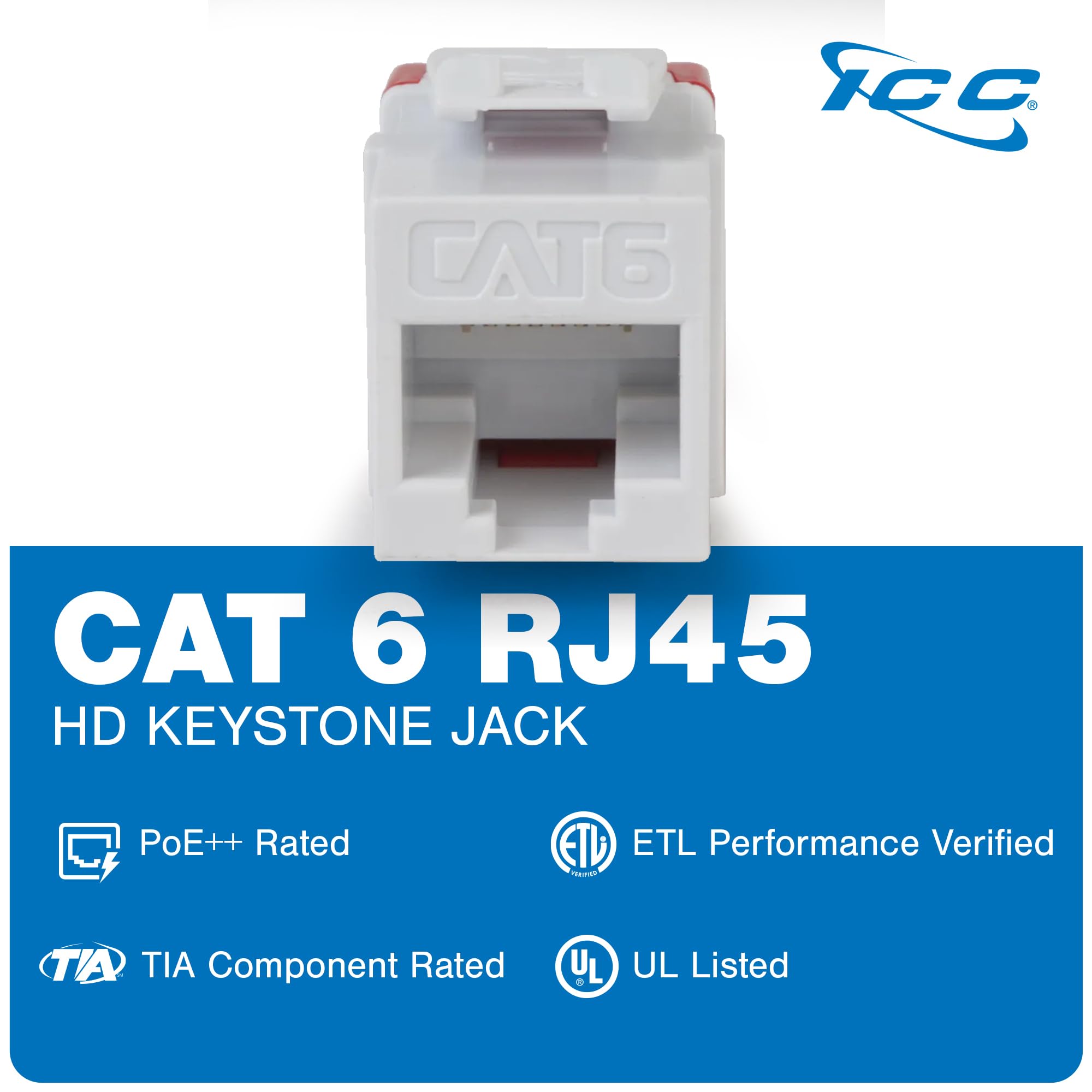 ICC CAT6 Keystone Jack with Slim Profile 180 Degree Punch Down, RJ45 UL Listed PoE++ TAA Compliant for Wall Plate or Patch Panel, Works with JackEasy Termination Tool, Purple 25 Pack
