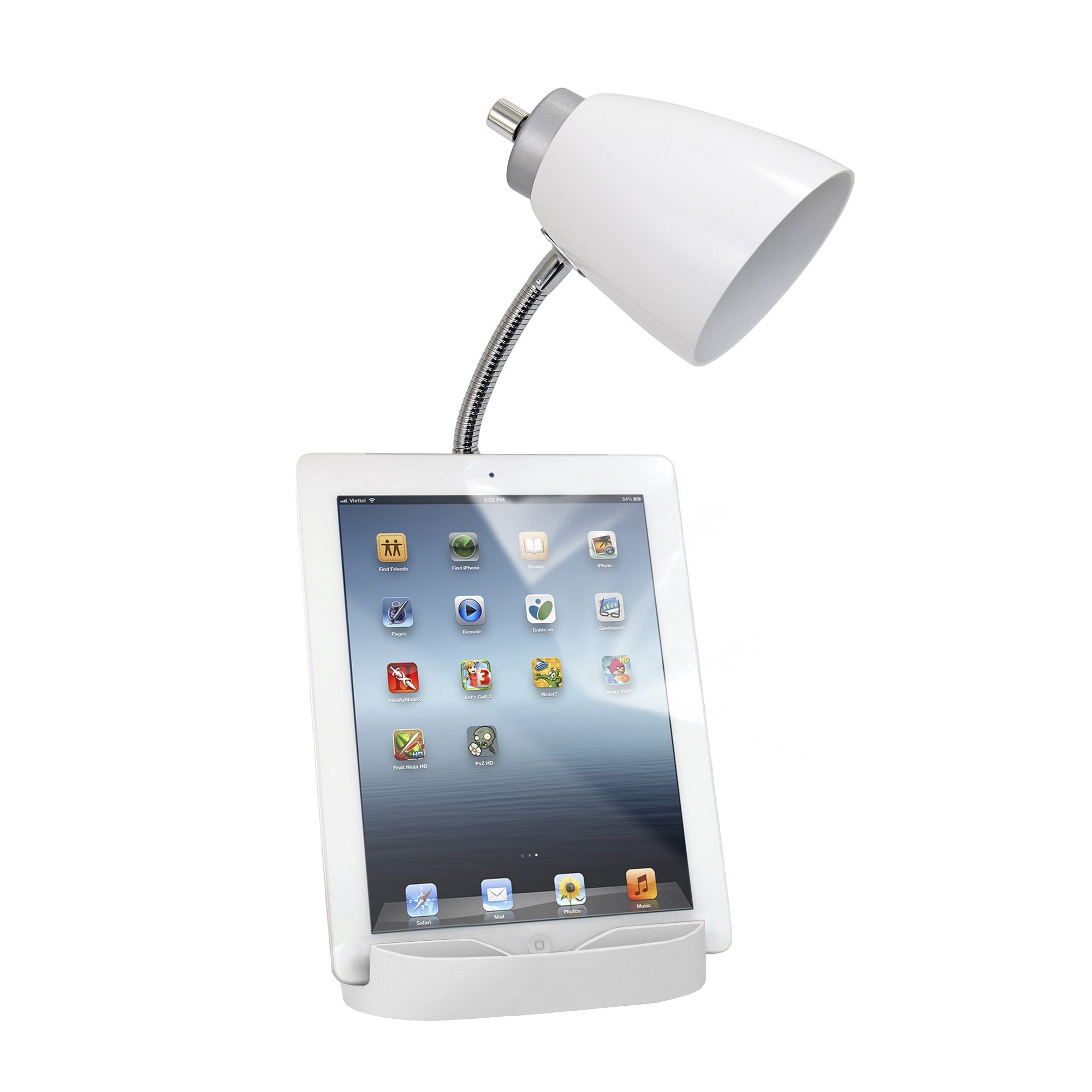 Limelights Ld1057 Wht Gooseneck Organizer Desk Lamp With Ipad Tablet Stand Book Holder And Charging Outlet, White 6.5 X 7 X 18.5