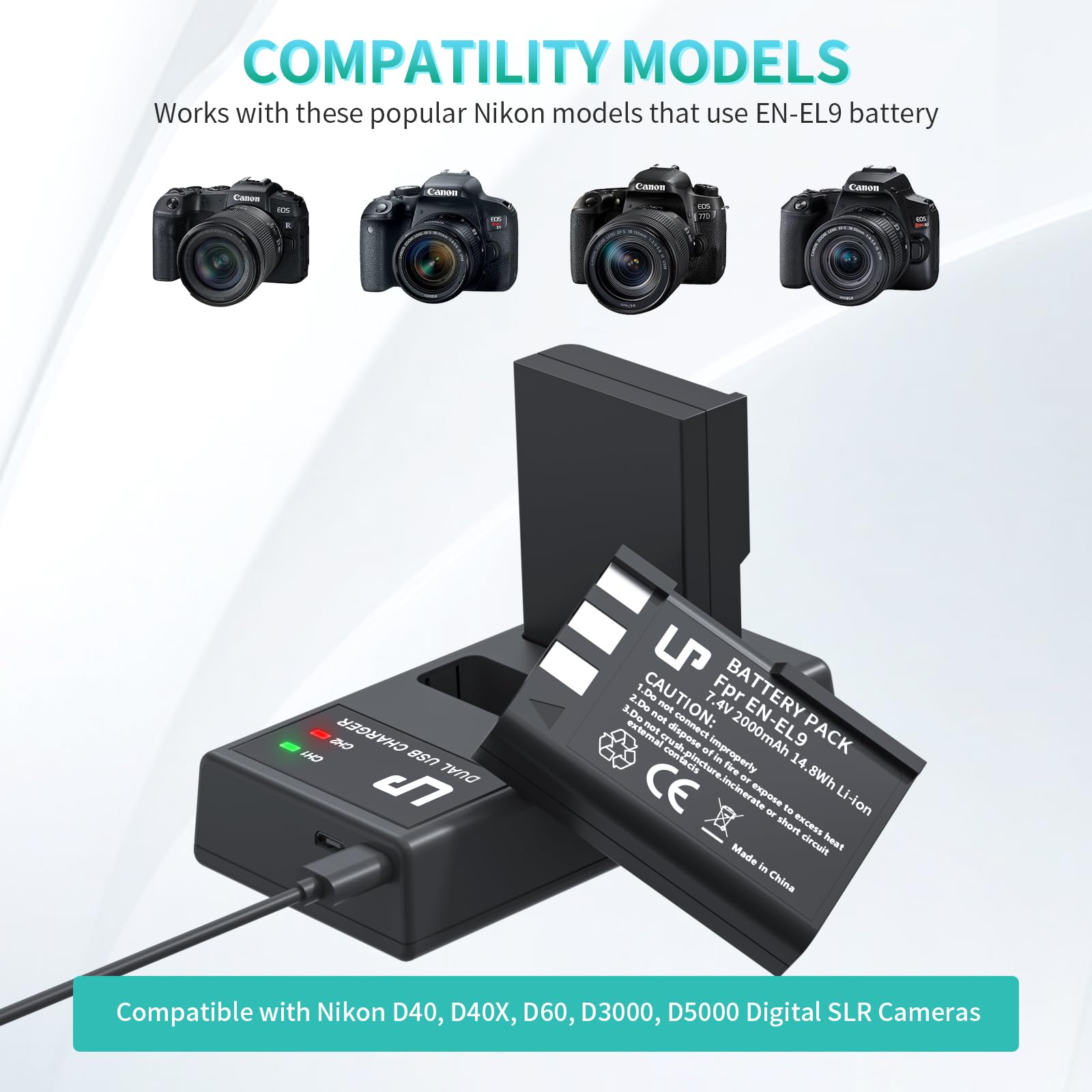 Lp En El9 En El9A Battery Charger Pack, 2 Pack 2000Mah Rechargeable Battery And Usb C Dual Slot Charger Compatible With Nikon D4