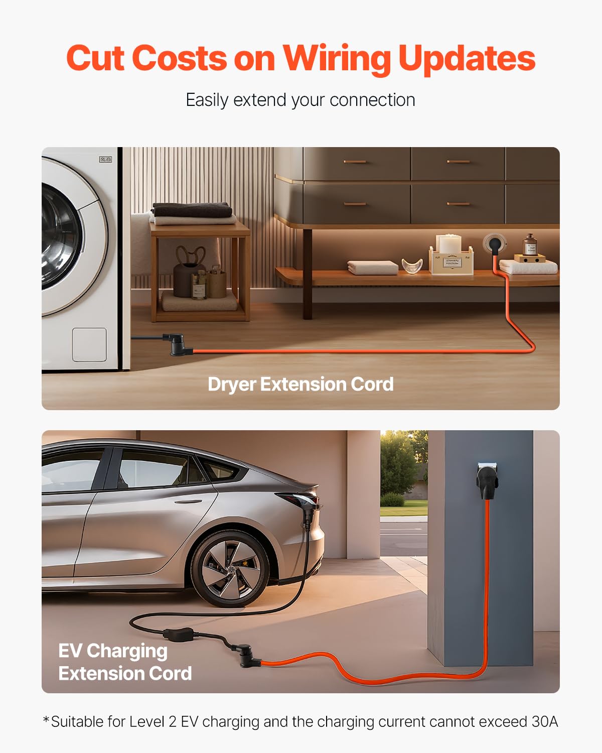 Vevor 10 Ft Dryer Extension Cord, 3-Prong Nema 10-30P To 10-30R Dryer Cord, 125V/250V Stw 10Awg/3C, 30A, Pure Copper Wire Cable