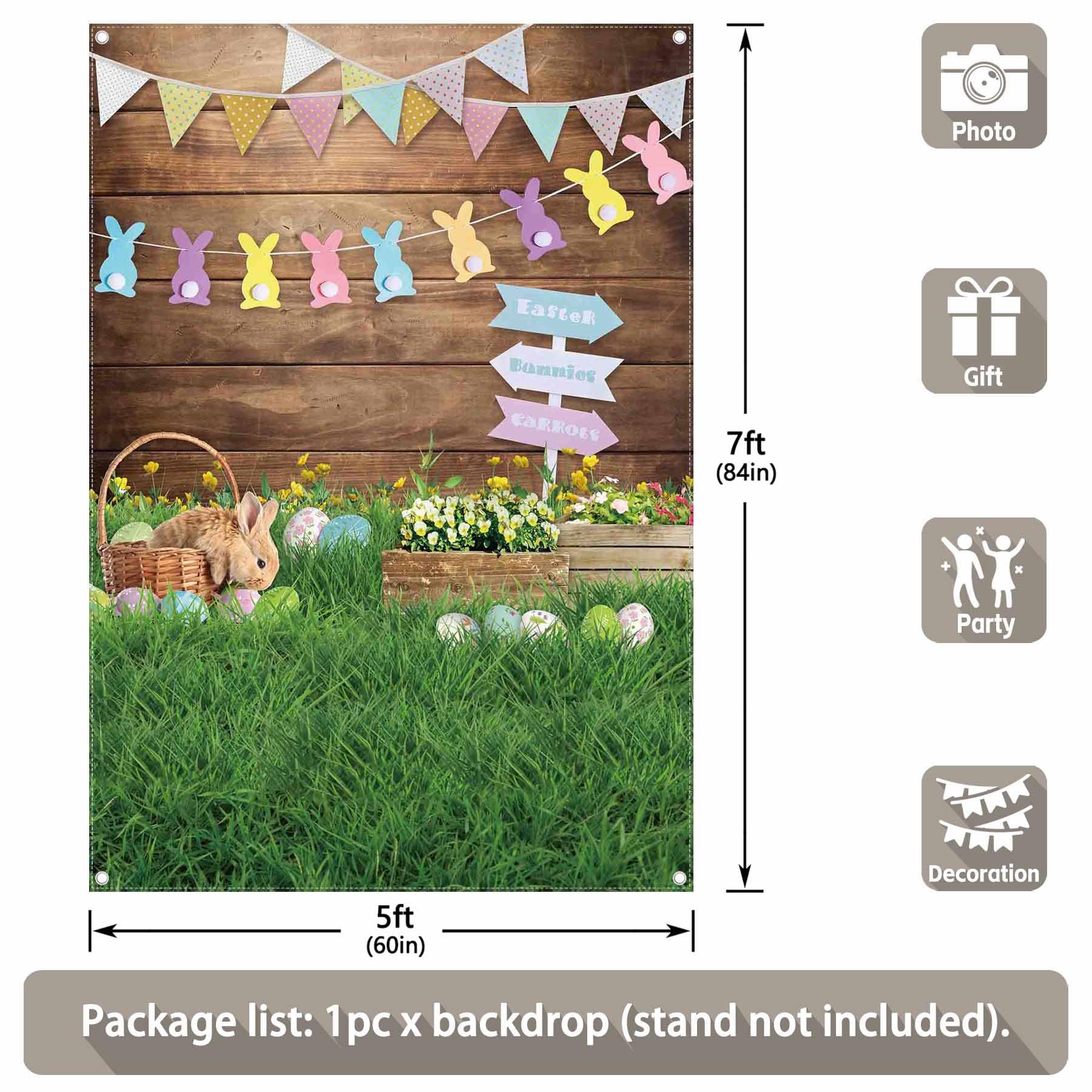 Zthmoe 5X7Ft Durable Fabric Spring Easter Photography Backdrop Rabbit Eggs Wooden Wall Flowers Grass Background Bunny Flag Portr