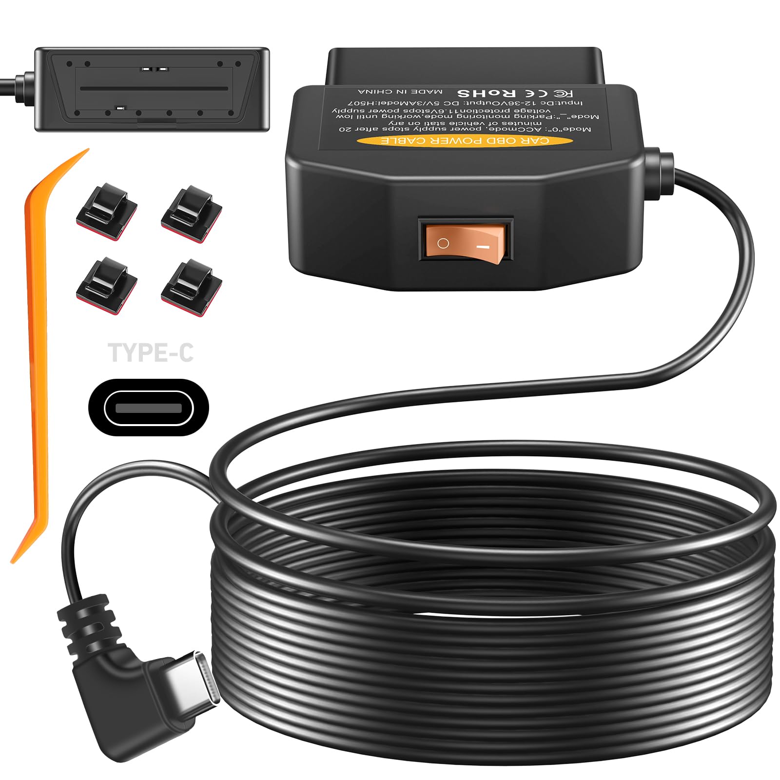 Obd2 Obd Power Cable For Dash Camera, Obd To Type C Usb Obdii Adapter Hardwire Charger Cable 24 Hours Surveillance And Acc Two M