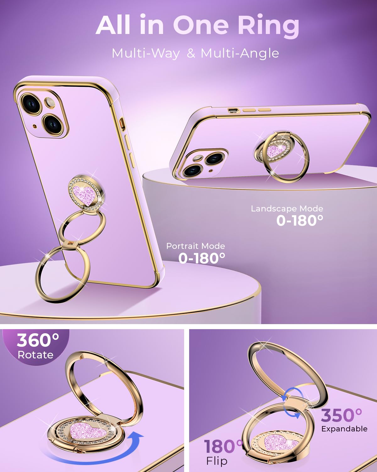 XYZ iPhone 14 Case - Bling Luxury Protective Cover with Double Ring Kickstand, Purple, Thermoplastic Polyurethane
