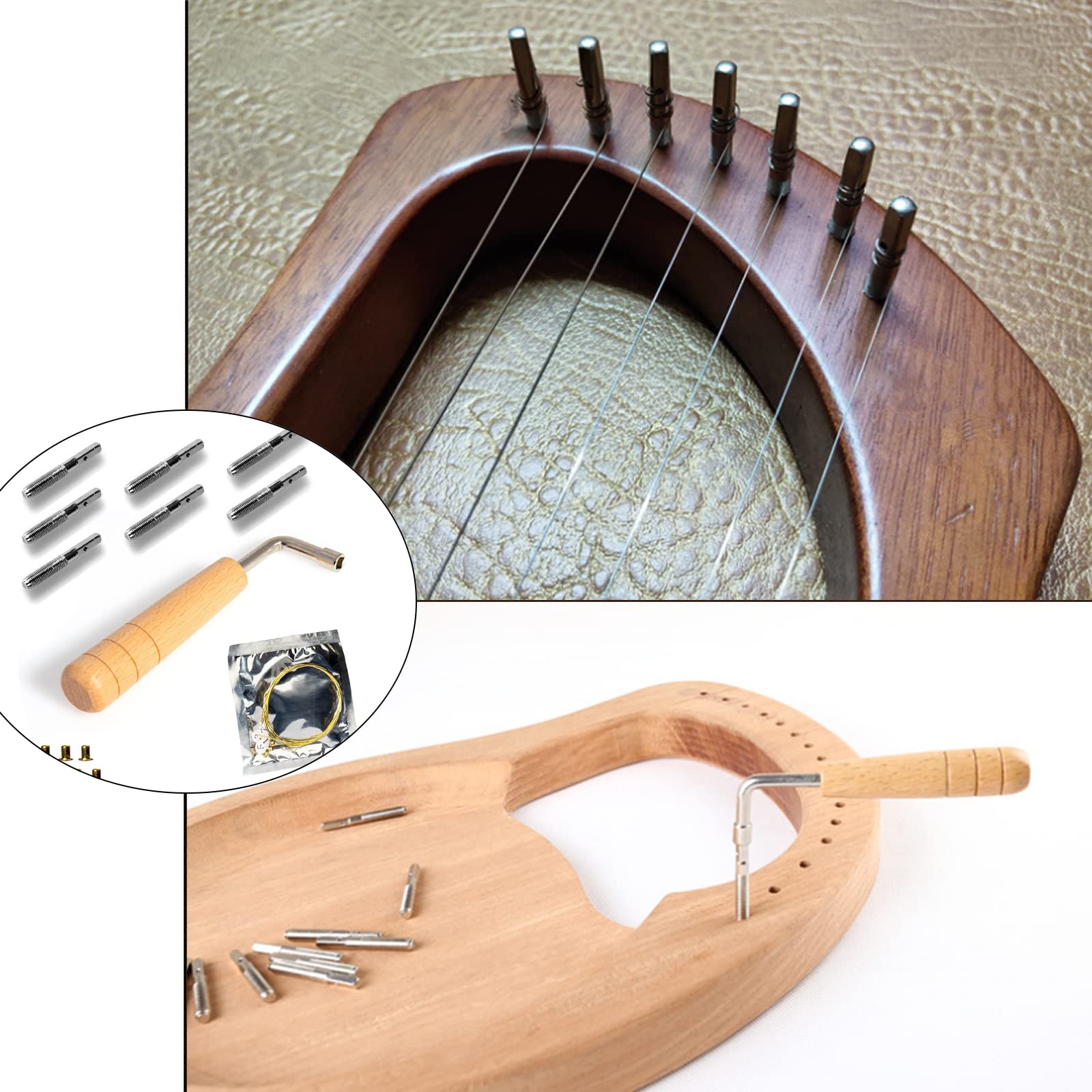 Cheerock 7 Lyre Harp Strings 7Pcs String Pin Nails With Tuning Wrench Replacement For Lyre Harp And Other Small Harp Musical Str