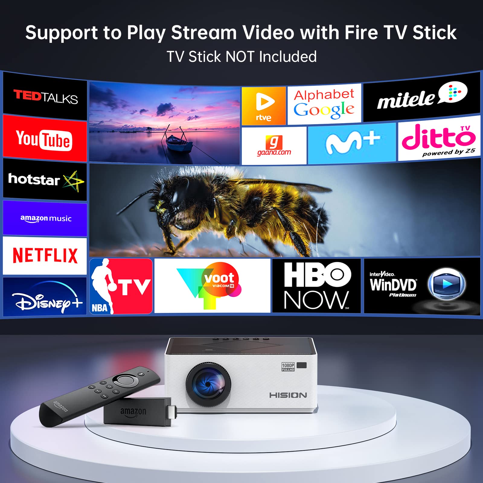 Mini Projector Native 1080P Outdoor Movie Projector, Hision 8000L Portable Home Theater 4K Support Video Projector Compatible Wi