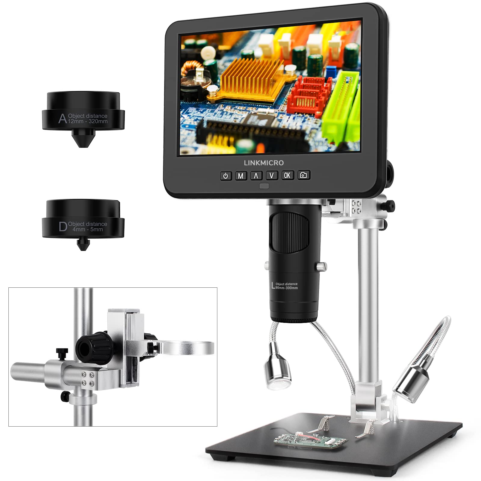 Linkmicro Lm246Ms 3 Lens 7 Inch Hdmi Digital Microscope 2000X For Soldering With 13'' Arm Boom Stand, Uhd 2160P, Error Coin Micr