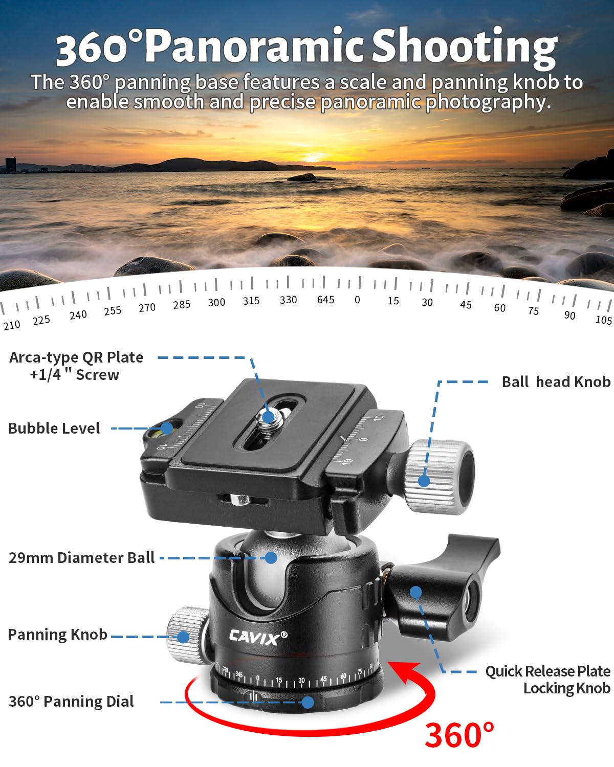CAVIX H-29S Low Profile Ball Head Mount Arca Type Quick Release 360° Swivel 29mm Ball Aluminium Alloy HB29A