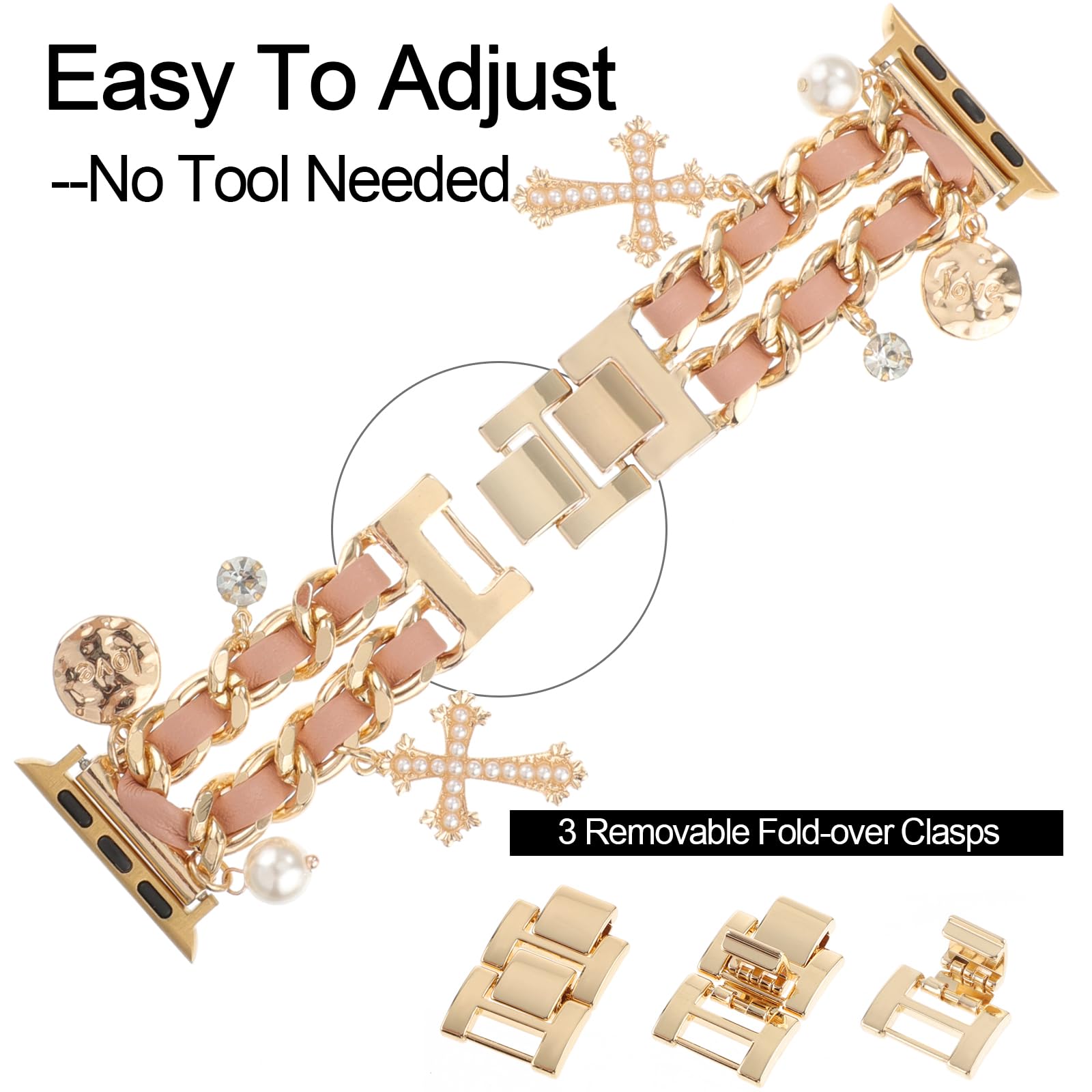 Realsign Stylish Metal Wristband Compatible With Apple Watch Band 42Mm 44Mm 45Mm 46Mm 49Mm,Cuban Chain Bracelet With Cross Pearl