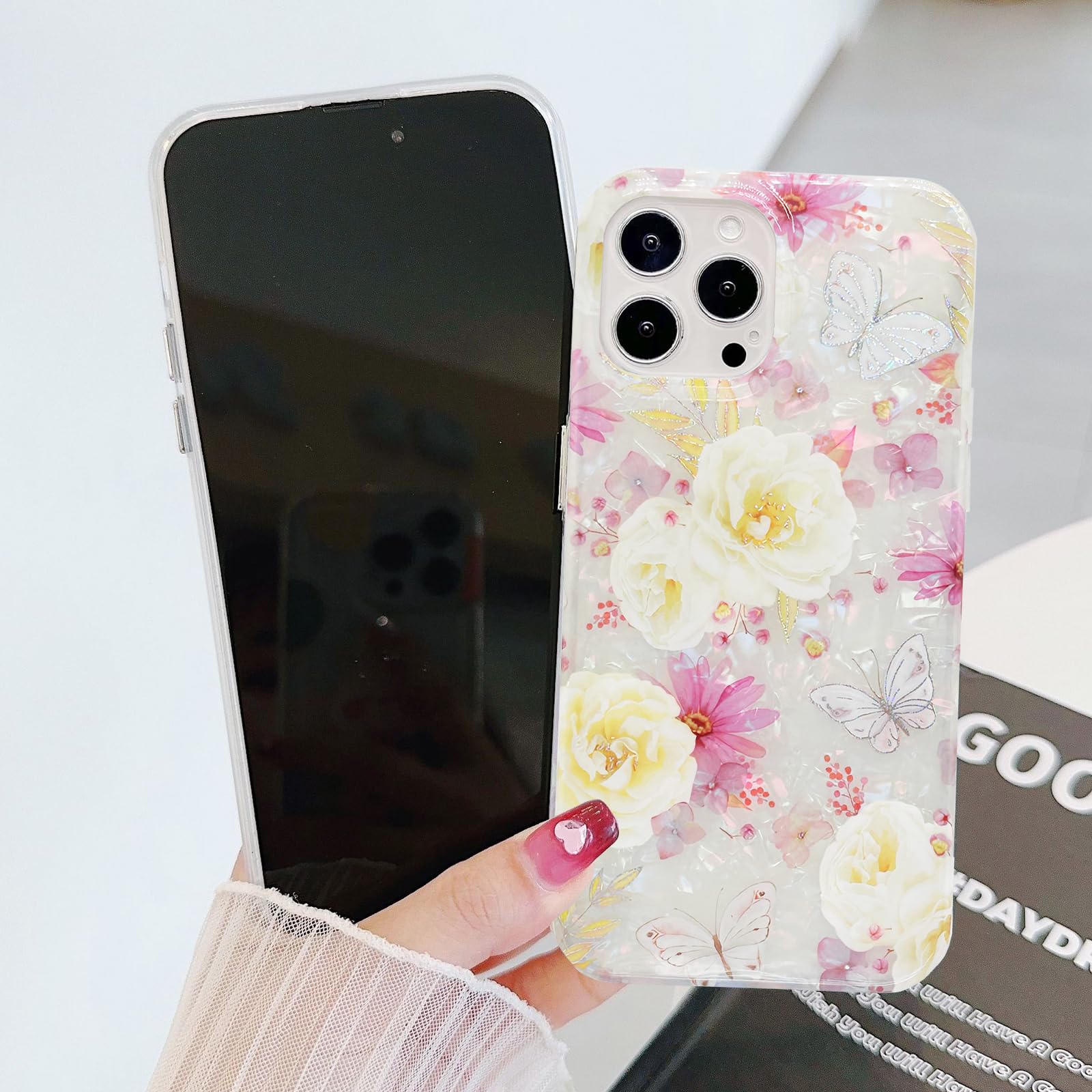 J.west iPhone 14 Pro Max Case Glitter Floral Print TPU Pink 6.7 inch