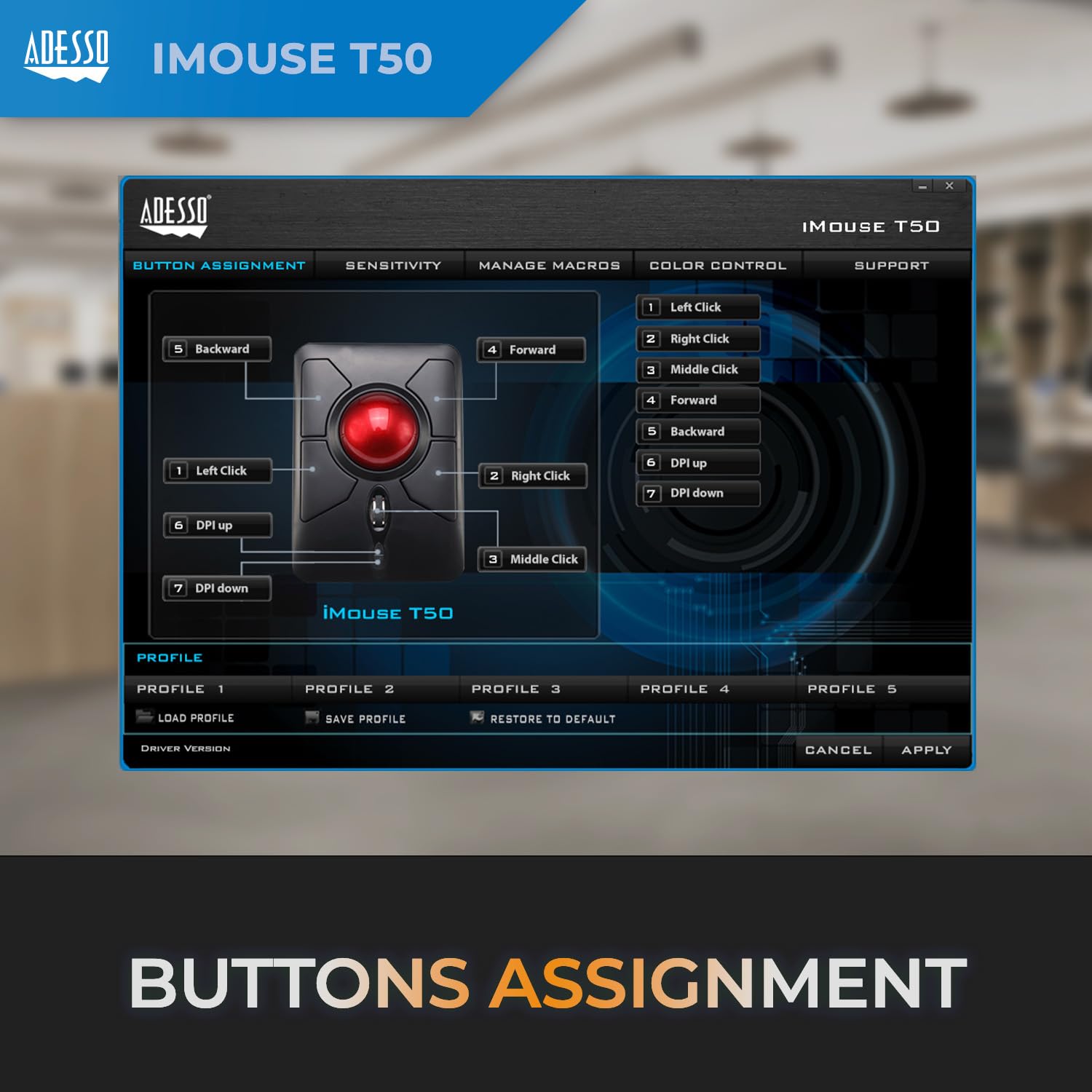 Adesso Imouse T50 Wireless Ergonomic Finger Trackball Mouse With Nano Usb Receiver, Programmable 7 Button Design, And 5 Level Dp