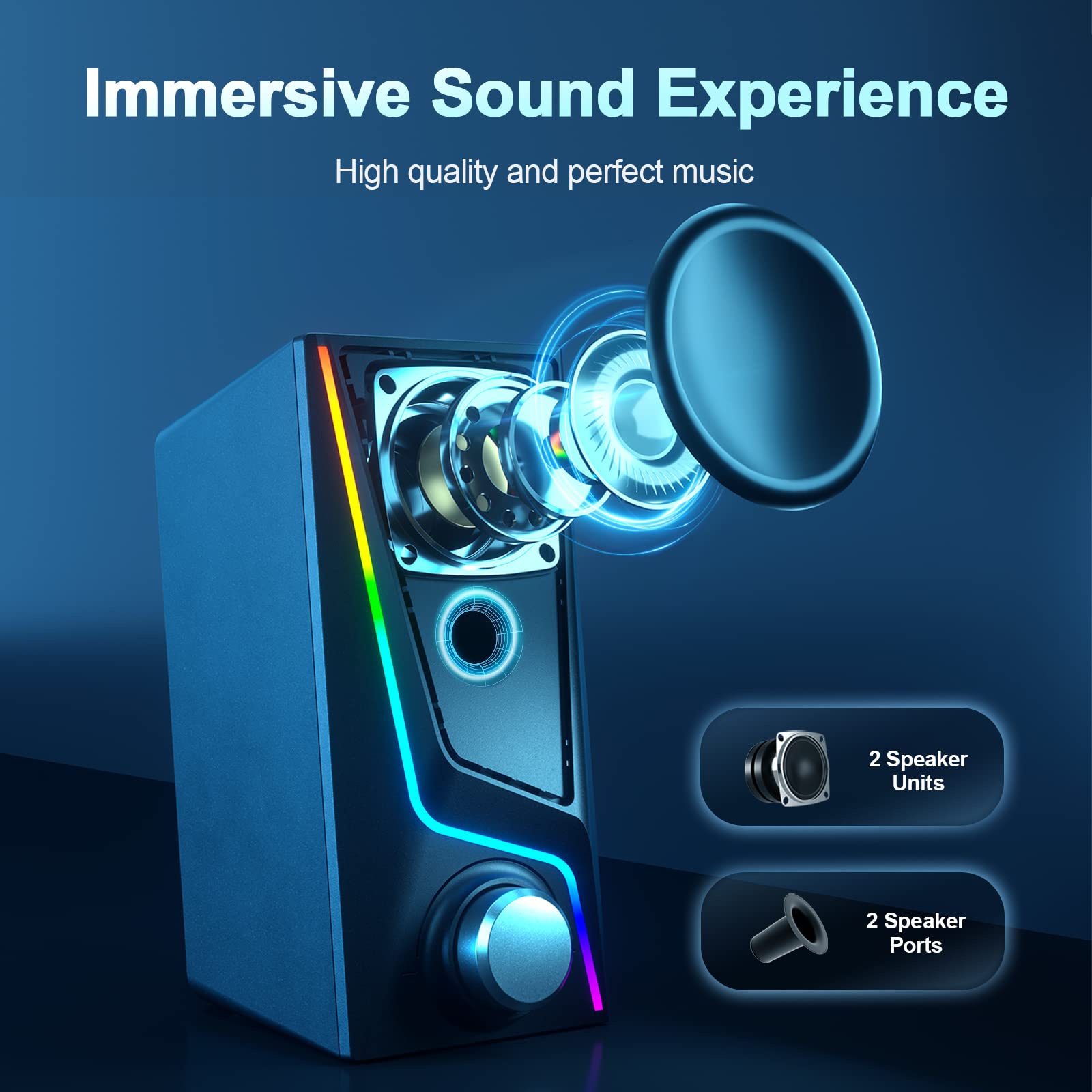 Computer Speakers, Pc Speakers With 6 Lighting Modes, Usb Powered Computer Speakers For Desktop Monitor With 2 Bass Boost Ports,