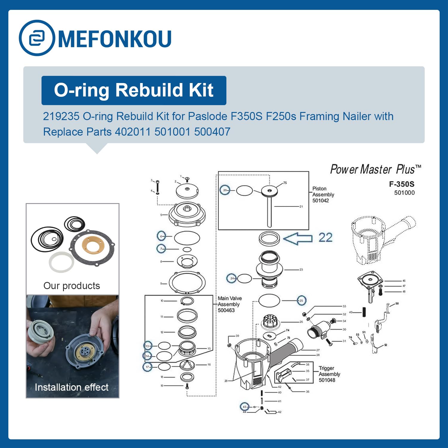 Mefonkou 219235 O Ring Repair Kit Replace Parts 402011 501001 500407 For Paslode F350S F250S Framing Nailer