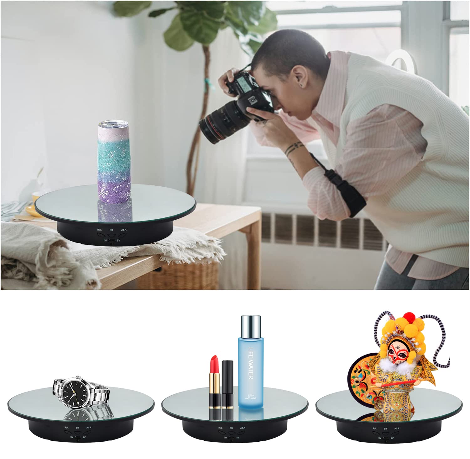 Qinmay 360 Degree Rotating Display Stand,360 Degree Photography Turntable With Remote Control,5 Pvc Backgrounds,Battery/Usb Powe