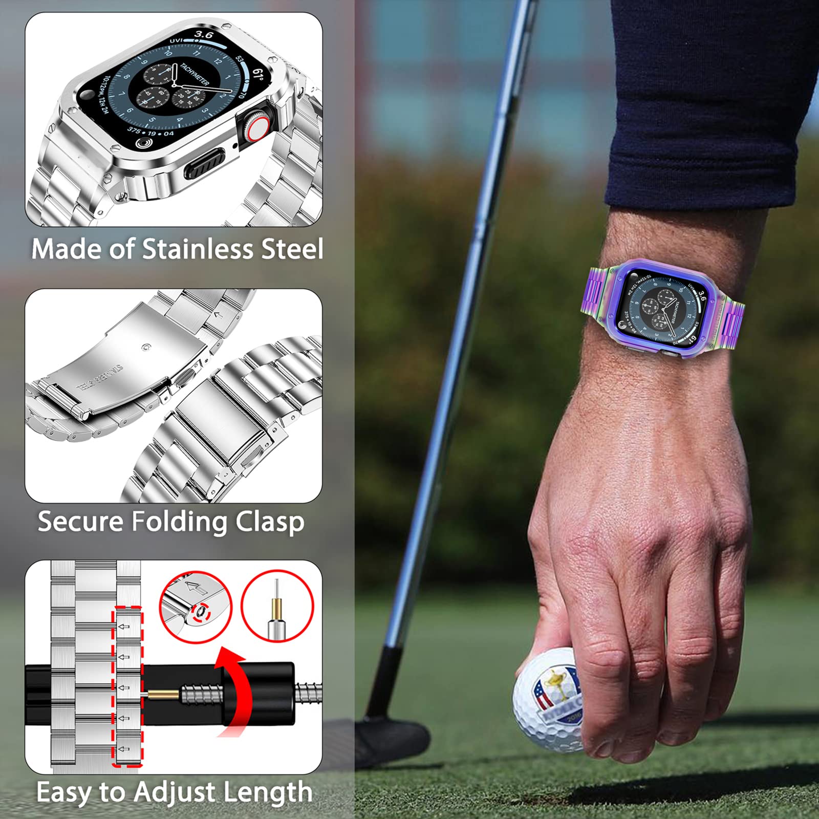 Miohhr Stainless Steel Band And Case Compatible With Apple Watch Band 44Mm 42Mm, Men Metal Protective Bumper Cover For Iwatch Se