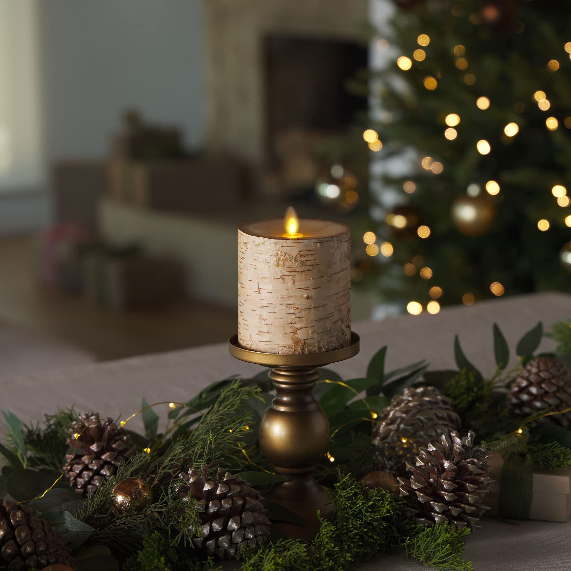 Luminara Real Birch Bark Wrapped Flameless Led Candle, 3.5'' X 4.5'', Battery Operated Moving Flame Pillar Light With Timer   Na