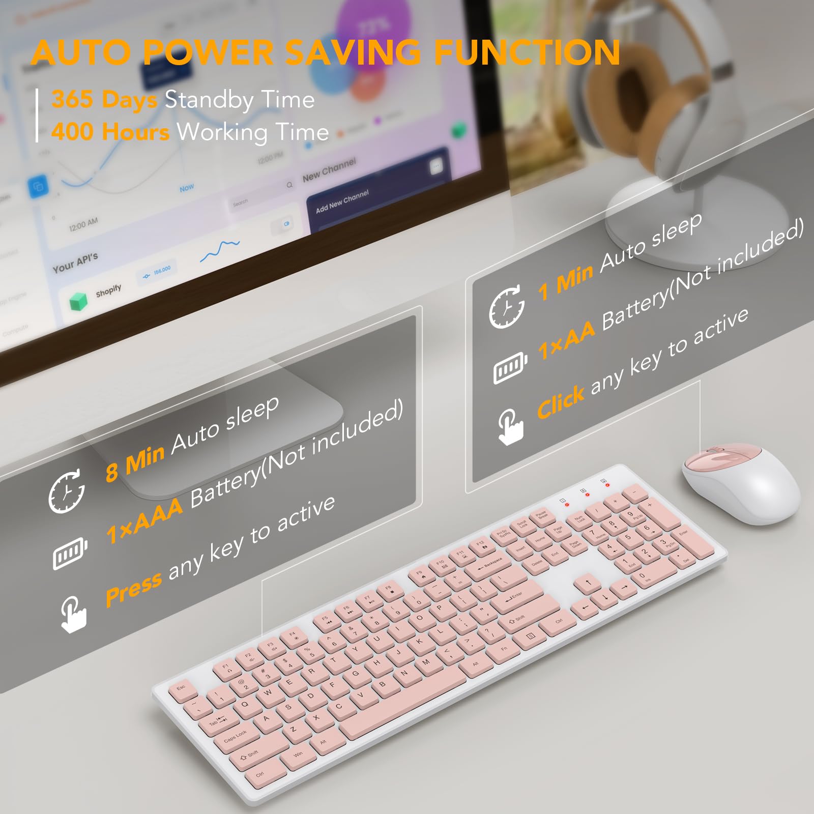 Wireless Keyboard And Mouse, Wisfox Full Size Wireless Mouse And Keyboard Combo, 2.4Ghz Silent Usb Wireless Keyboard Mouse Combo For Pc Desktops Computer (Pink And White)