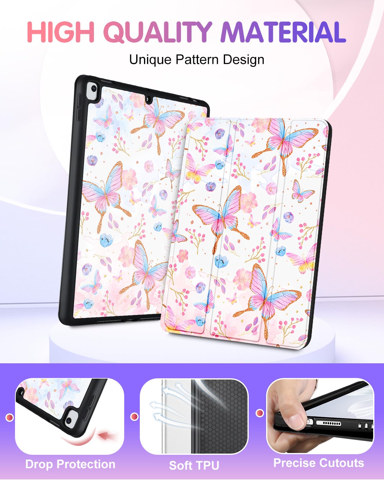 Uppuppy For Ipad 9Th/8Th/7Th Generation Case 10.2 Inch Girls Cute Women Folio Smart Cover Pencil Holder Butterfly Floral Aesthet