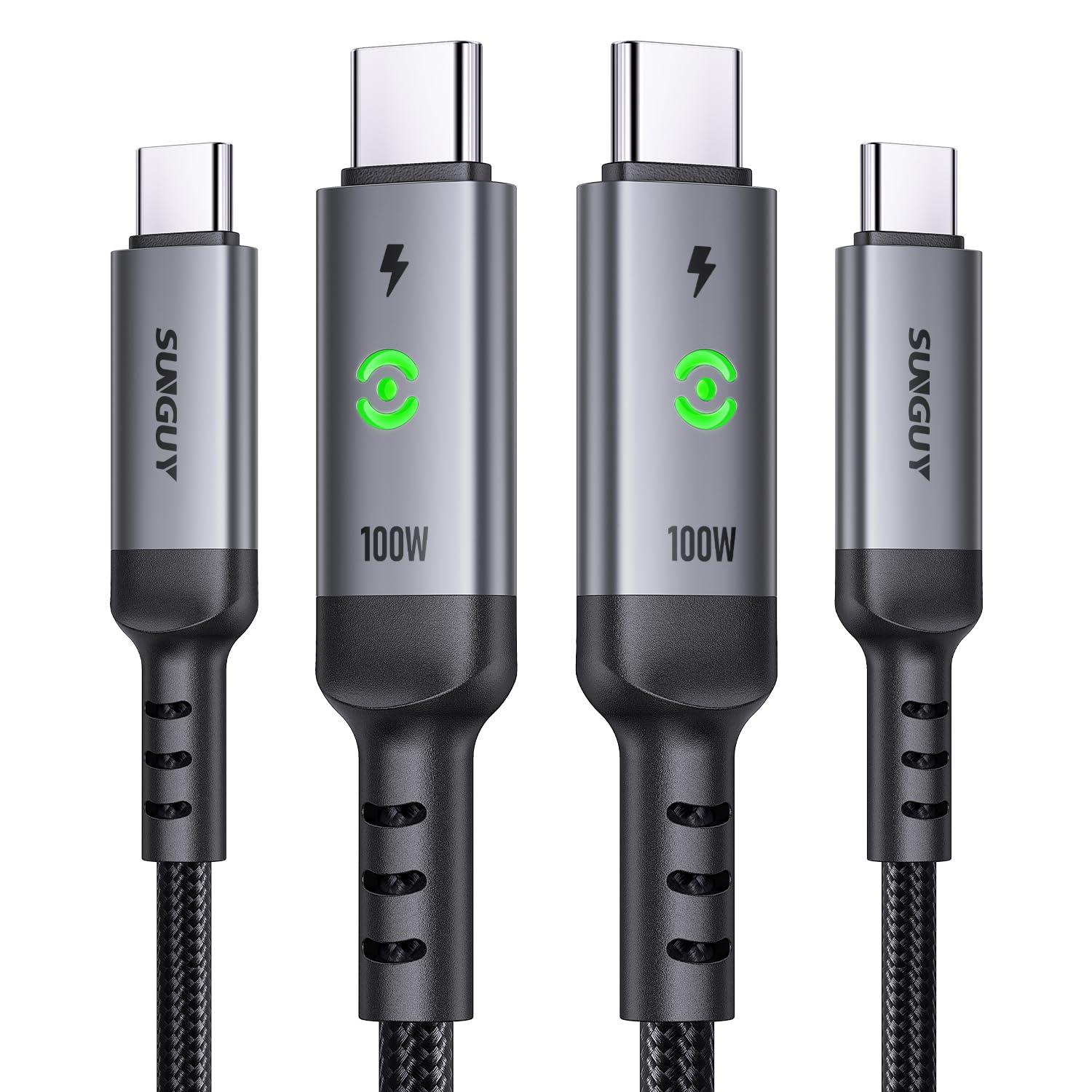 SUNGUY USB C to USB C Cable 3FT [2Pack], 100W Fast Charging with LED Light