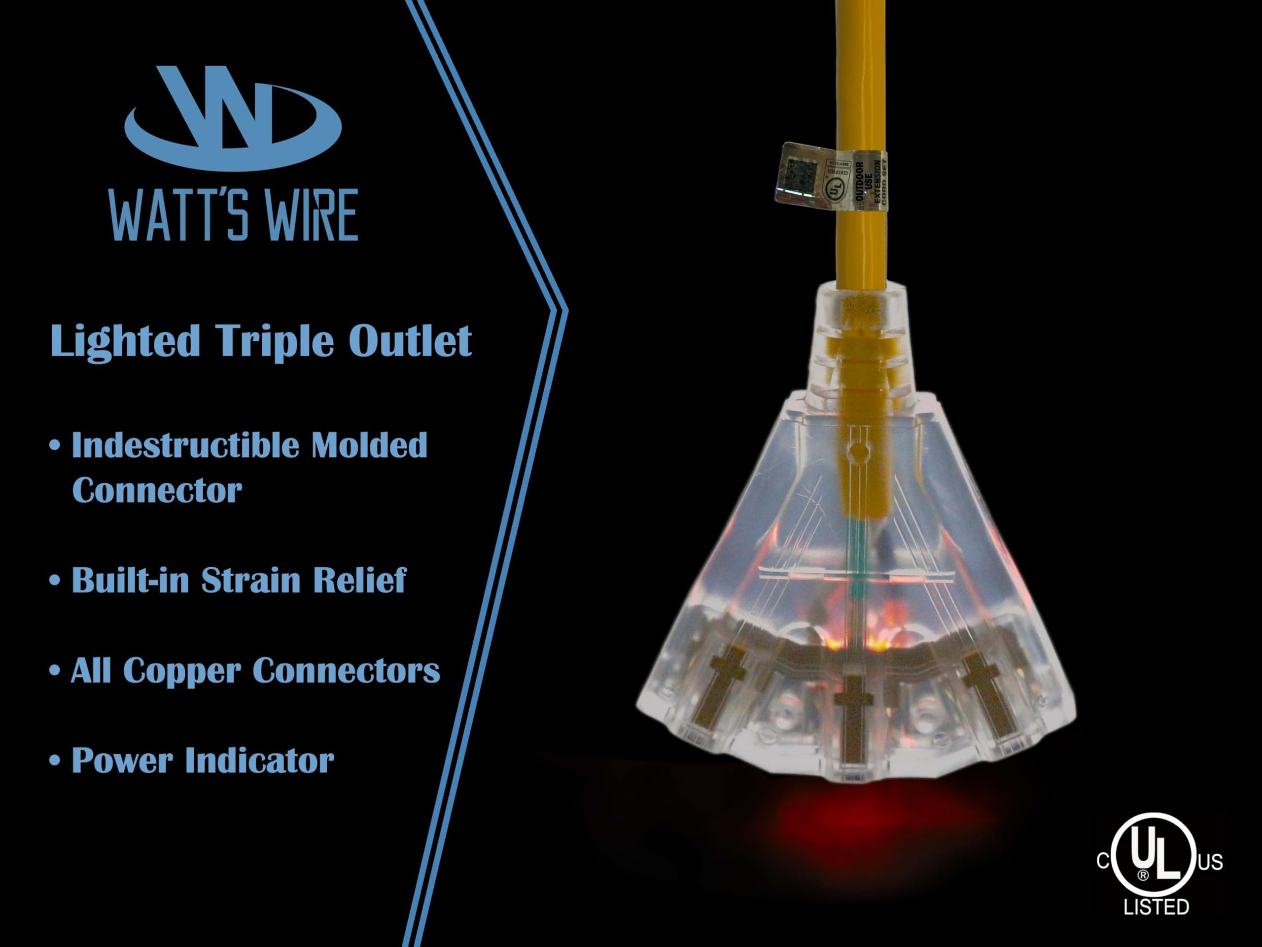 3 Pack   2 Ft   12 Gauge Heavy Duty Extension Cord   3 Outlet Lighted Sjtw   Indoor/Outdoor Extension Cord By Watt'S Wires   2'