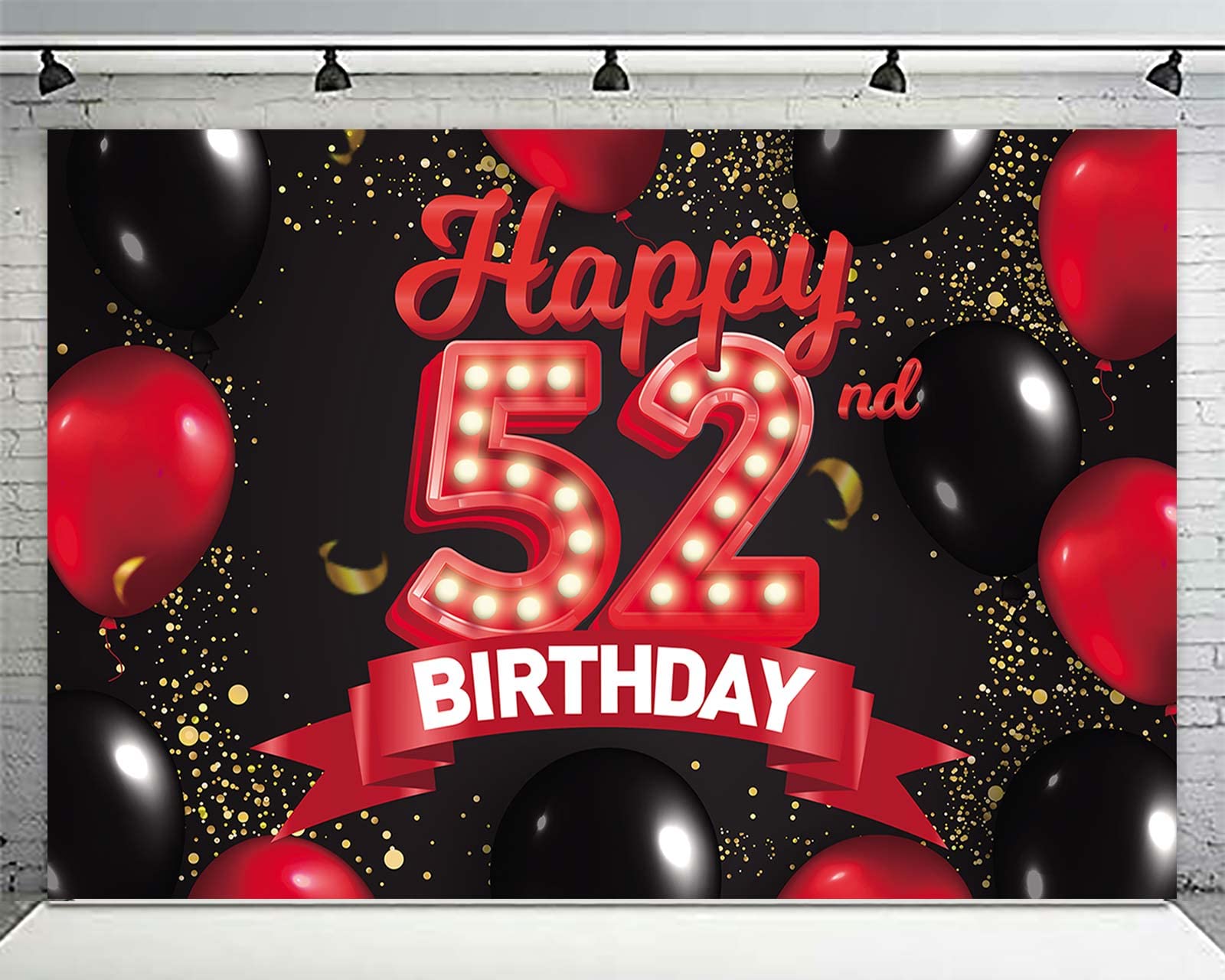 Happy 52Nd Birthday Red And Black Banner Backdrop Decorations Balloons Theme Decor For Girls Women Princess 52 Years Old Birthda