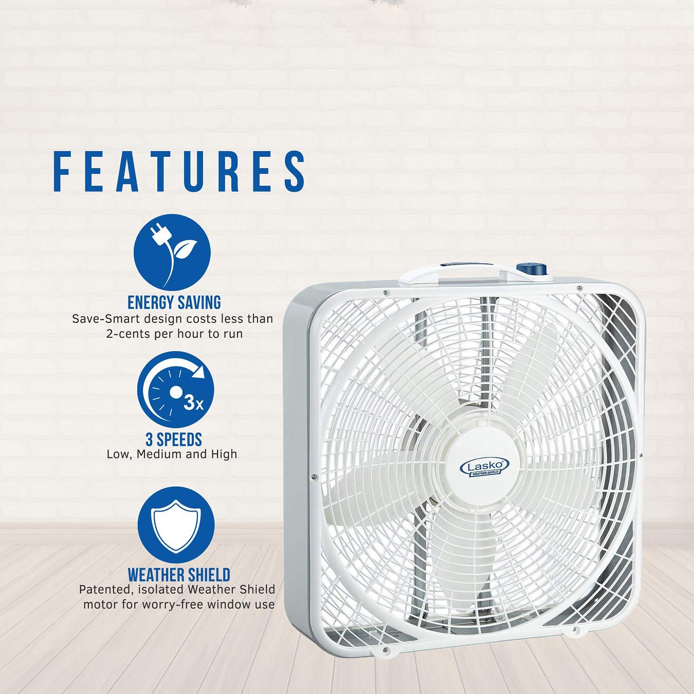 Lasko 20' Weather Shield Performance Box Fan Features Innovative Wind Ring System For Up To 30% More Air, 20 Inch, 3720
