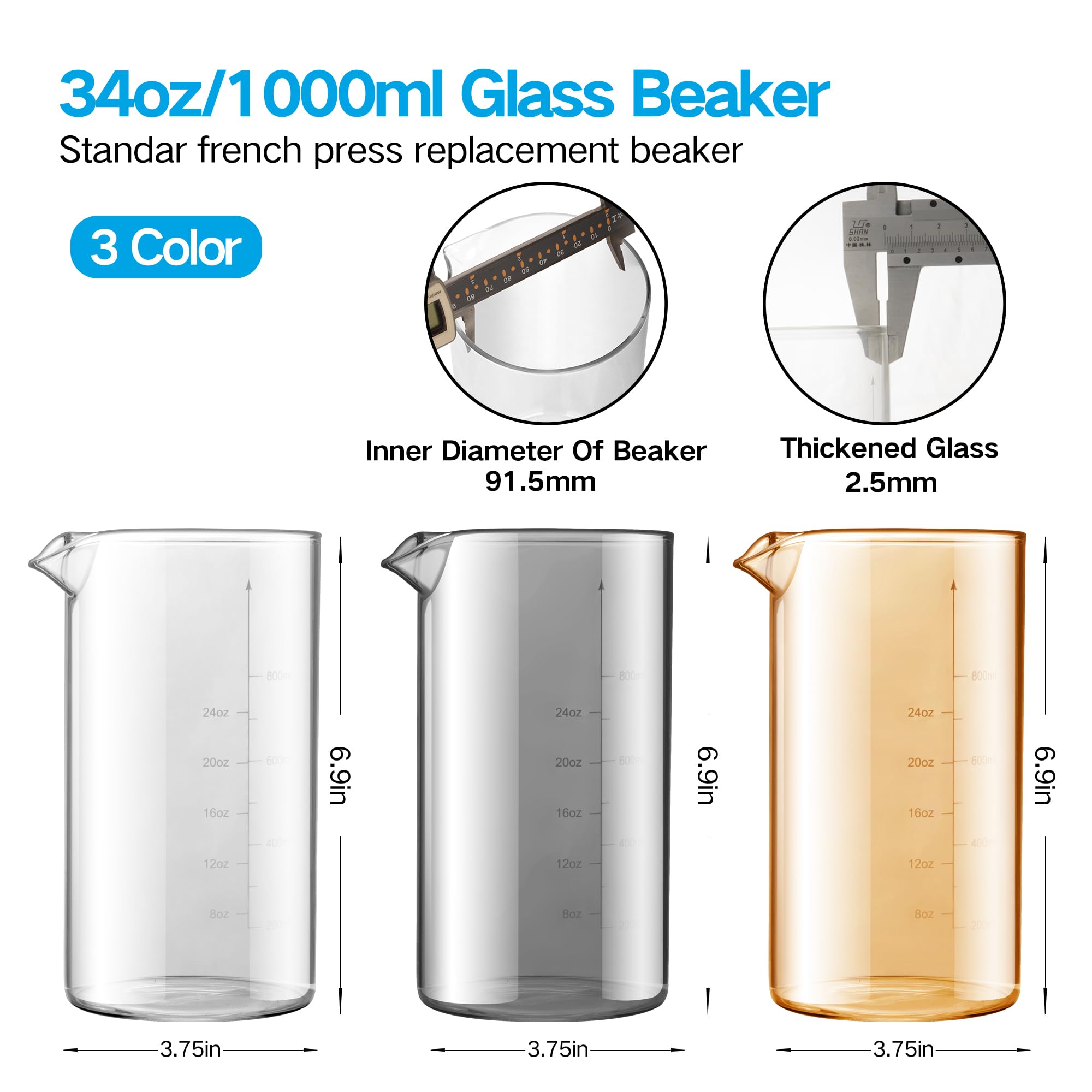 Ymmind Standard Universal Design 34 Oz French Press Replacement Glass Beaker, Fits Most Brands French Press Coffee Makers (1Quar