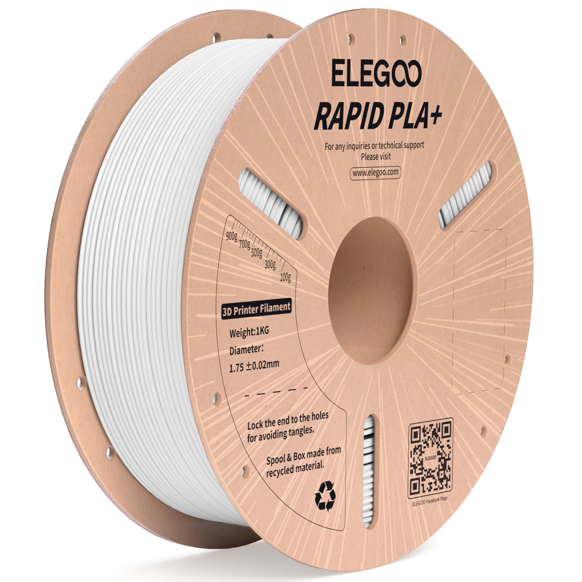 Elegoo Rapid Pla Plus Filament 1.75Mm White 1Kg, Pla+ 3D Printer Filament For 30 600 Mm/S High Speed Printing, Dimensional Accur